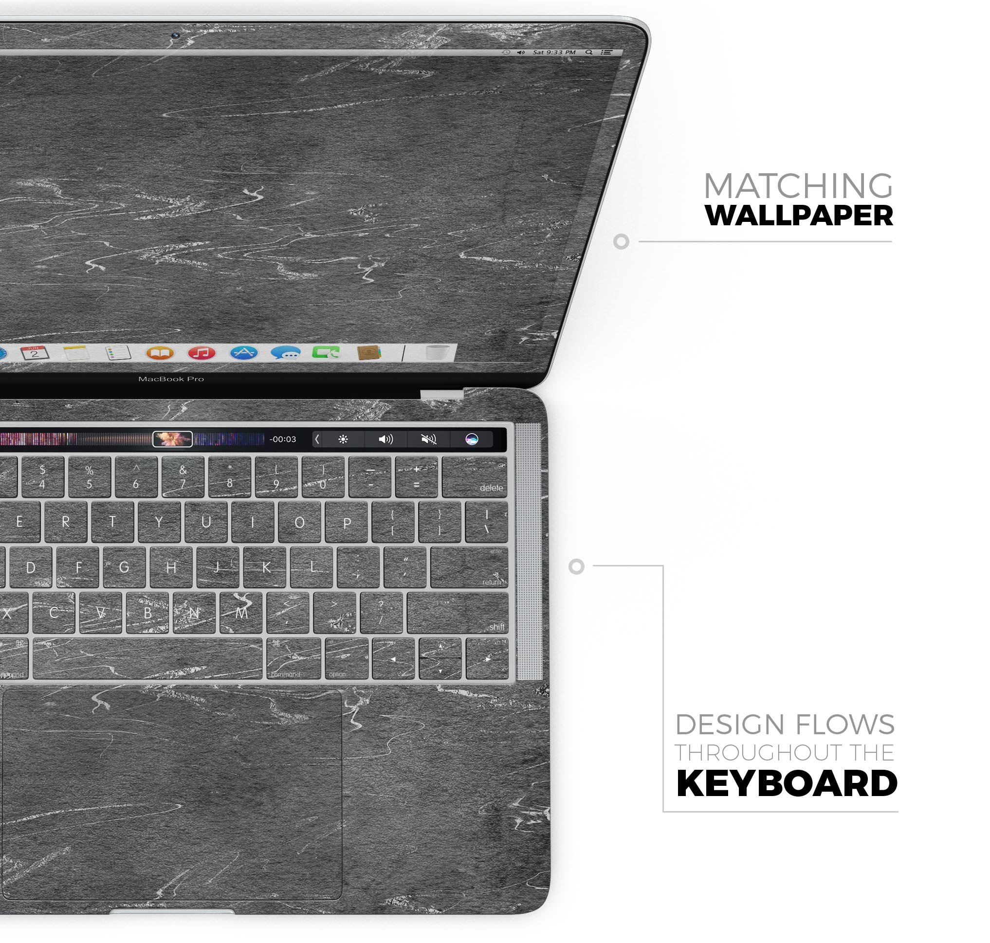 Dark Silver Marble Swirl V8 skin decal wrap kit for MacBook, showcasing a stylish design and premium vinyl material.