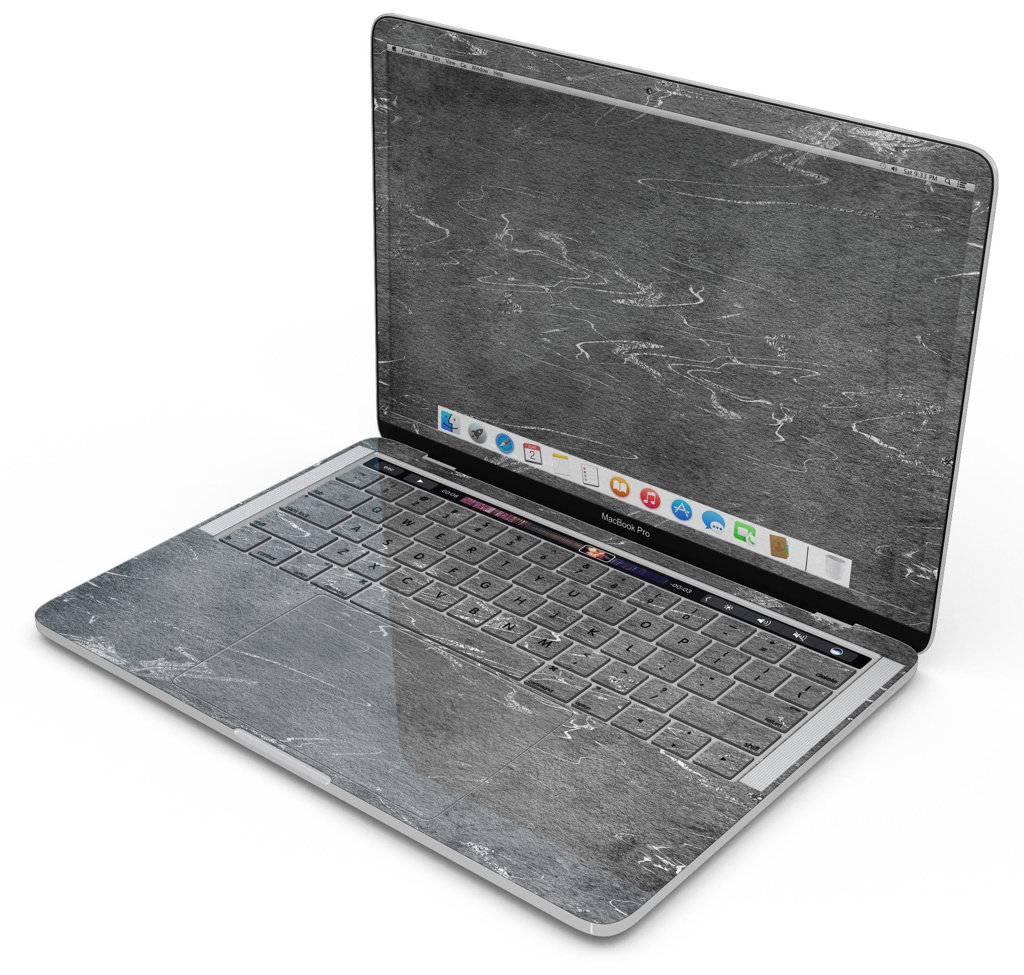 Dark Silver Marble Swirl V8 skin decal wrap kit for MacBook, showcasing a stylish design and premium vinyl material.