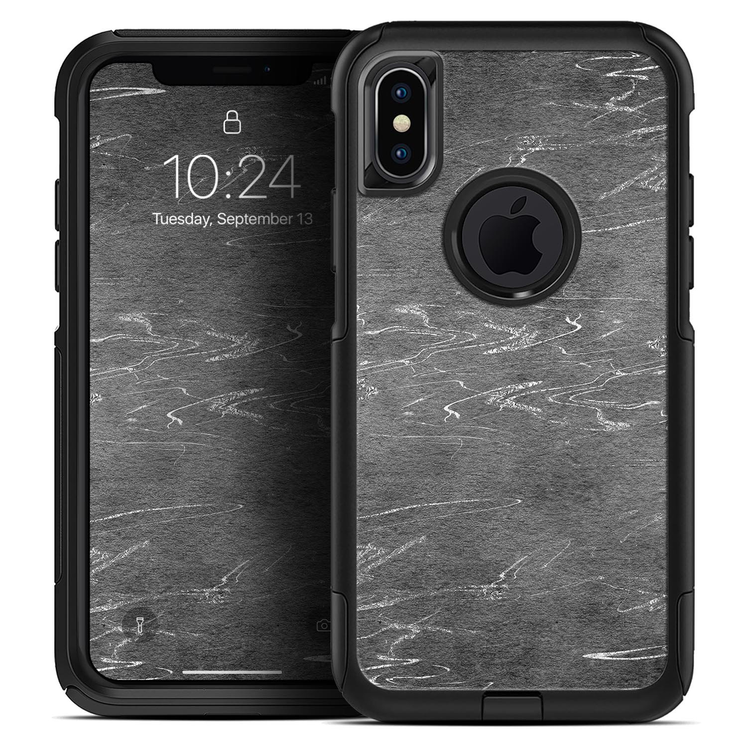 Dark Silver Marble Swirl V8 Skin Kit for iPhone OtterBox Cases, showcasing a stylish marble design with a glossy finish.