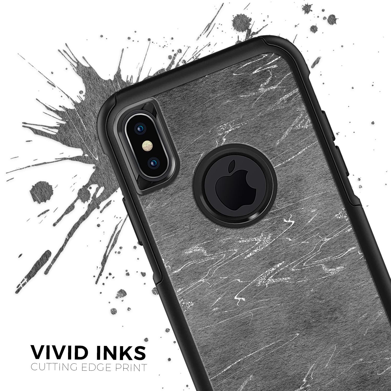 Dark Silver Marble Swirl V8 Skin Kit for iPhone OtterBox Cases, showcasing a stylish marble design with a glossy finish.