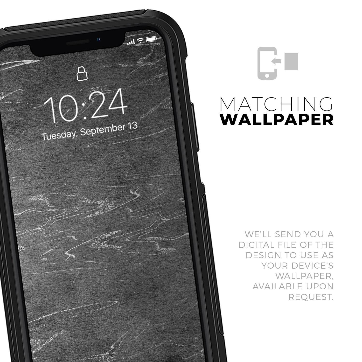 Dark Silver Marble Swirl V8 Skin Kit for iPhone OtterBox Cases, showcasing a stylish marble design with a glossy finish.