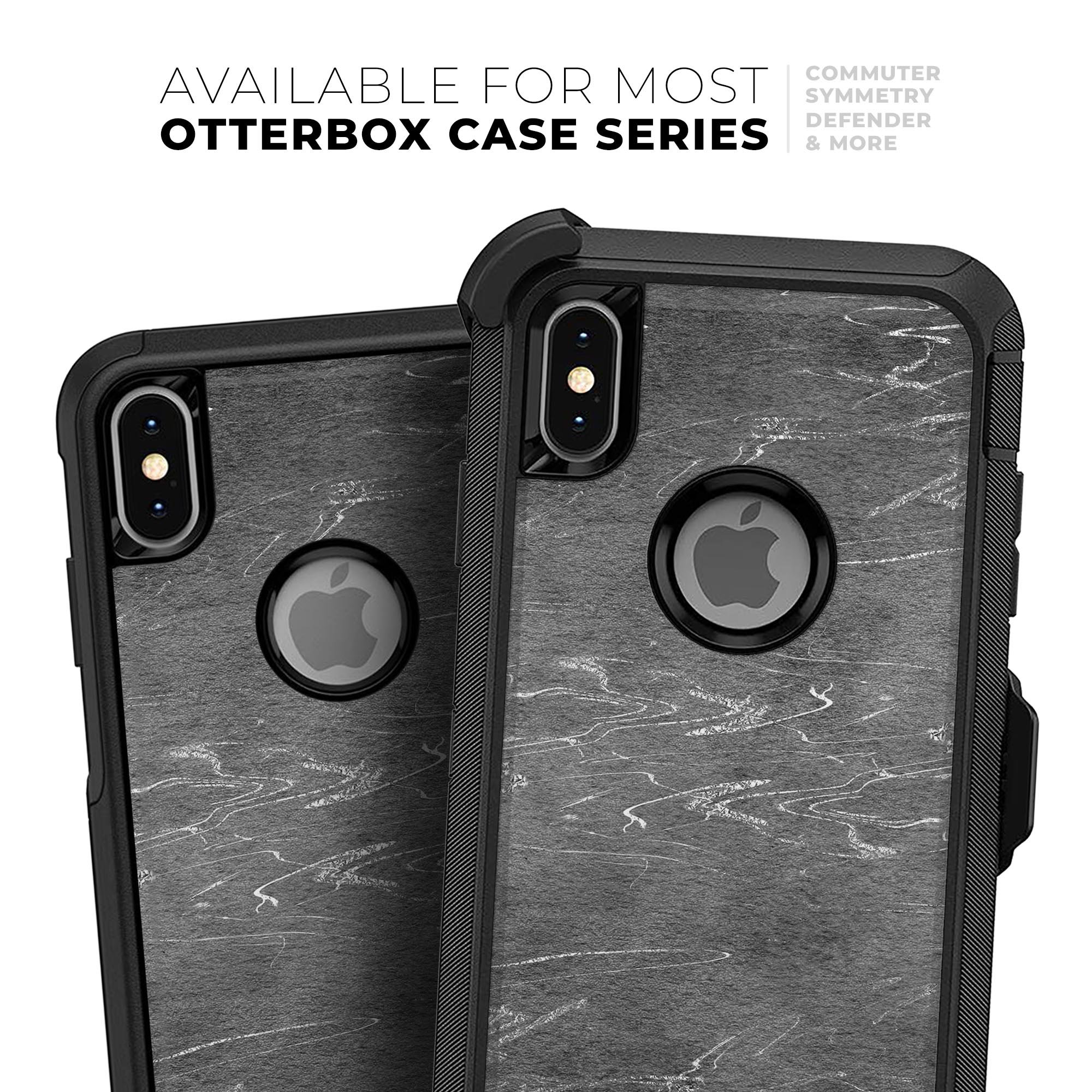 Dark Silver Marble Swirl V8 Skin Kit for iPhone OtterBox Cases, showcasing a stylish marble design with a glossy finish.