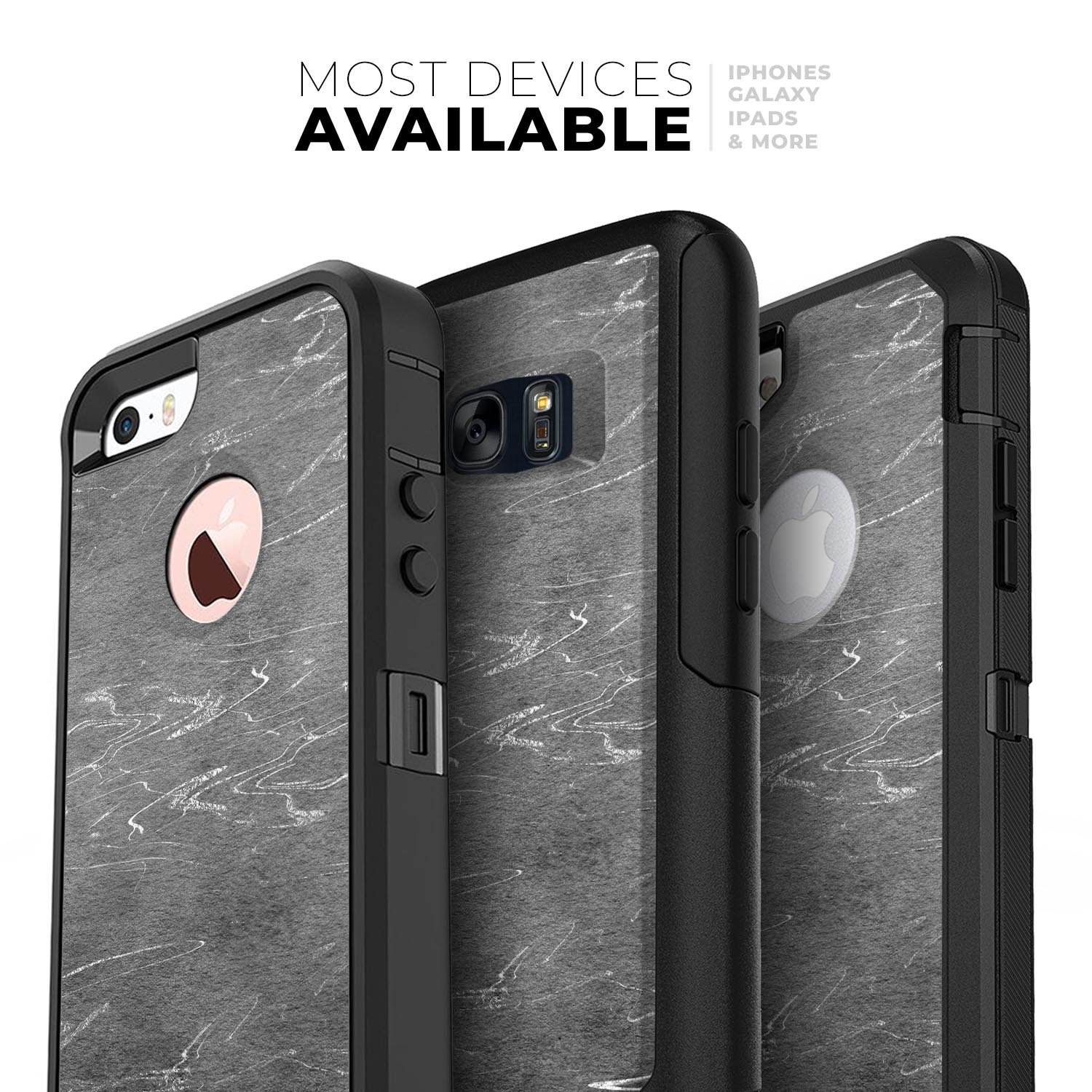 Dark Silver Marble Swirl V8 Skin Kit for iPhone OtterBox Cases, showcasing a stylish marble design with a glossy finish.