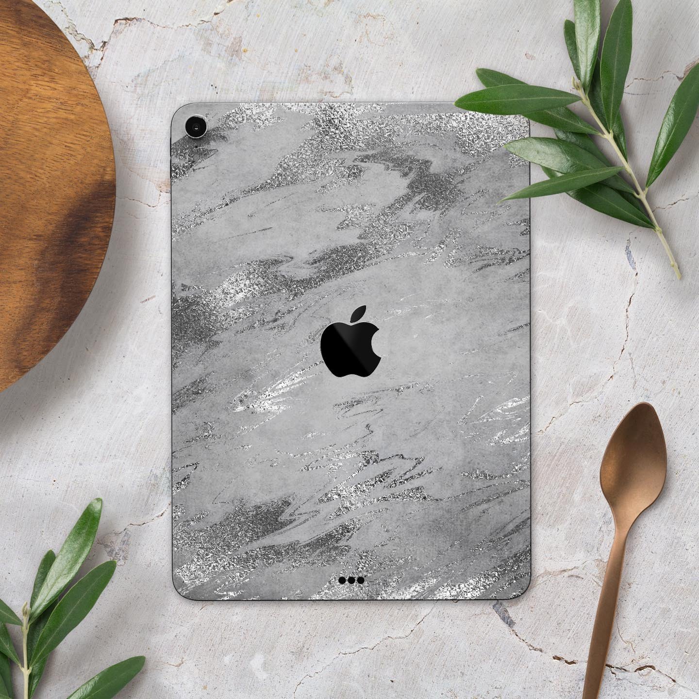 Dark Silver Marble Swirl V9 skin decal for Apple iPad, showcasing a stylish marble design with a smooth finish.