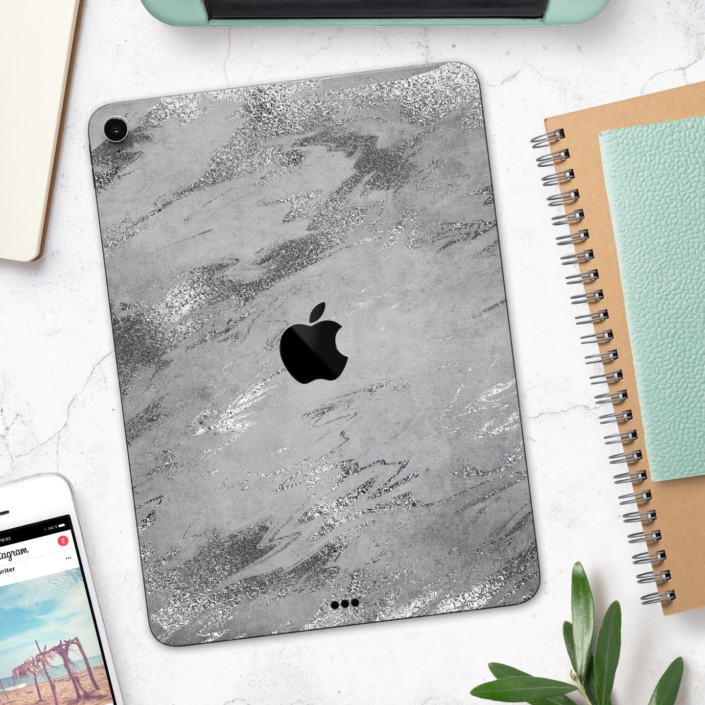 Dark Silver Marble Swirl V9 skin decal for Apple iPad, showcasing a stylish marble design with a smooth finish.