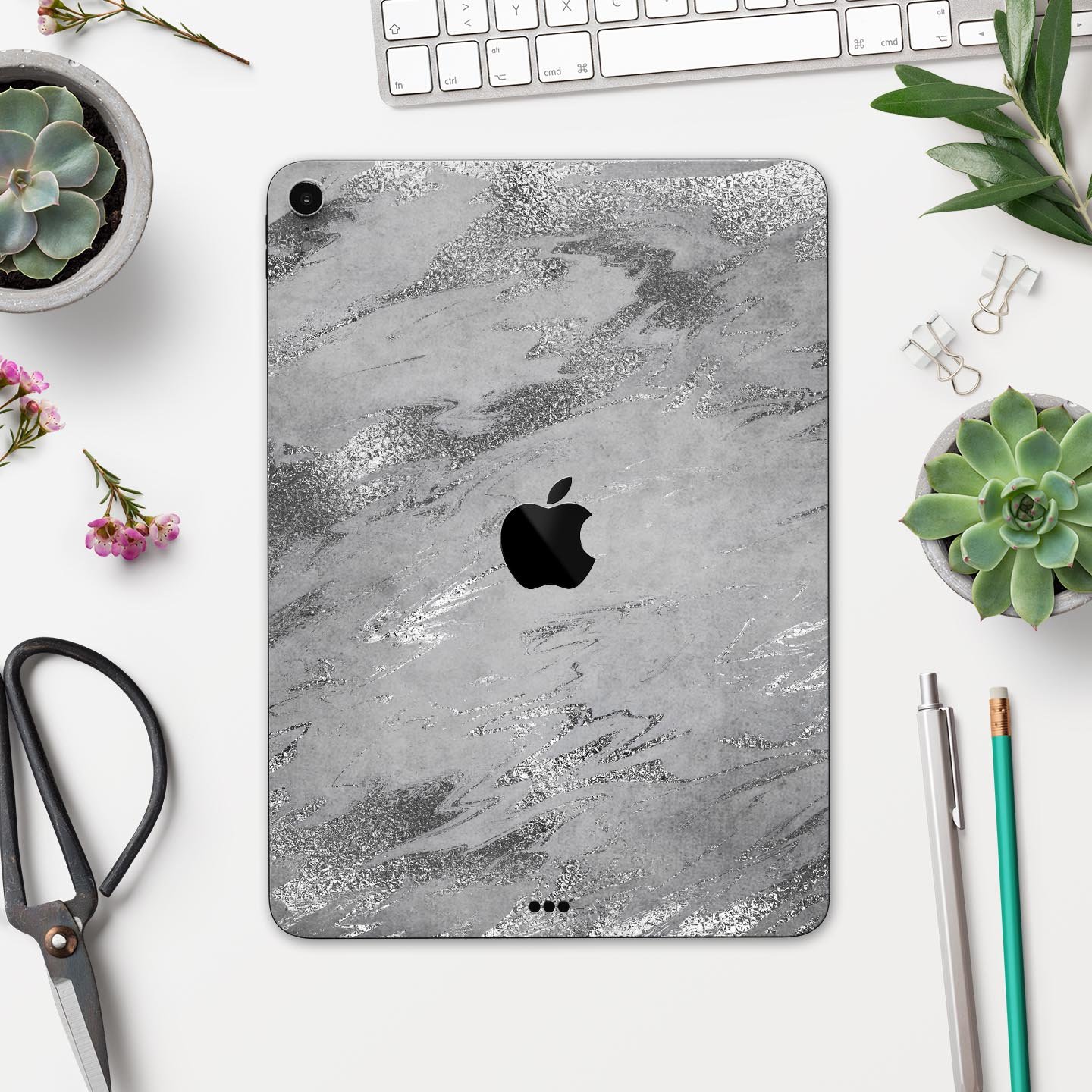 Dark Silver Marble Swirl V9 skin decal for Apple iPad, showcasing a stylish marble design with a smooth finish.