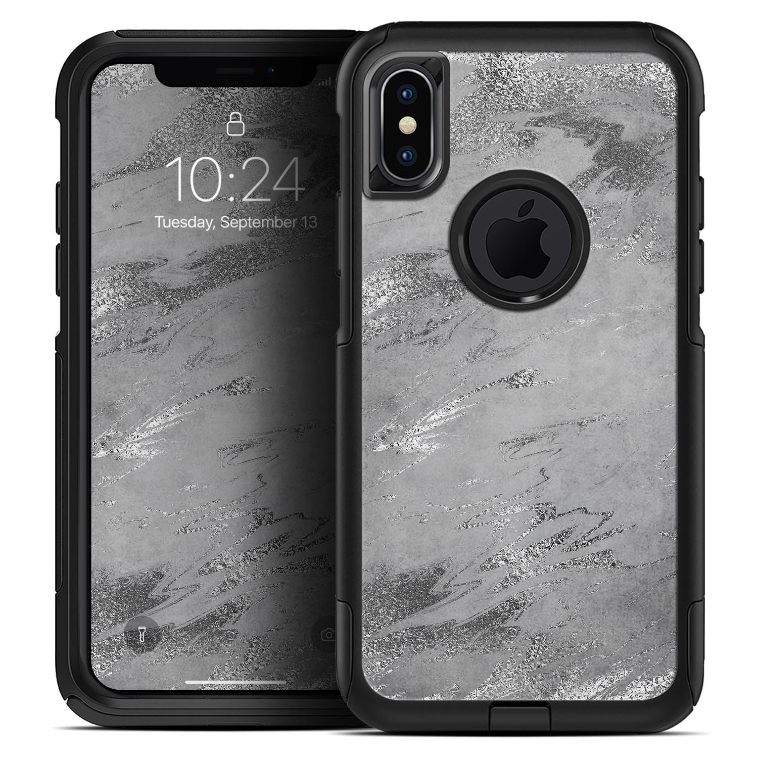 Dark Silver Marble Swirl V9 Skin Kit for iPhone OtterBox Cases, showcasing a stylish marble design.