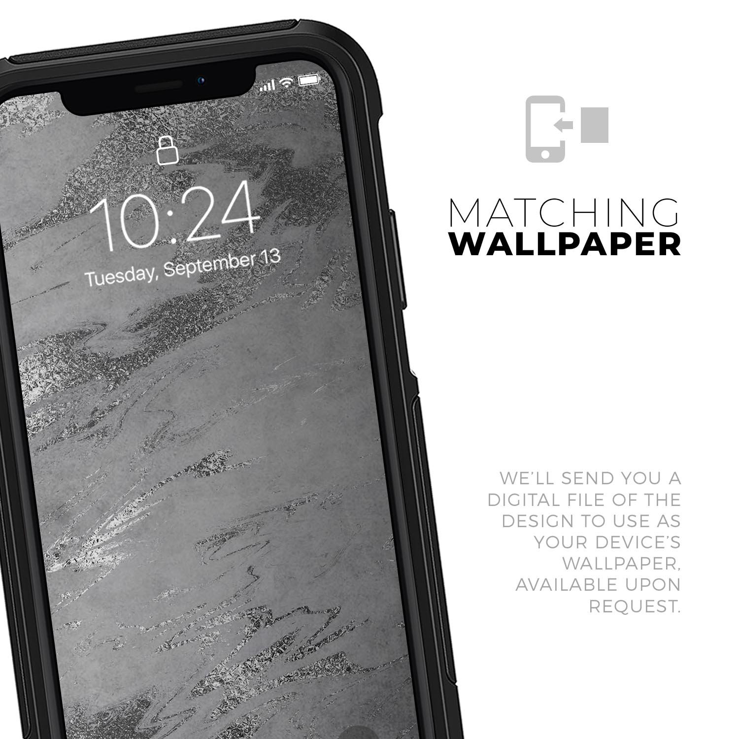 Dark Silver Marble Swirl V9 Skin Kit for iPhone OtterBox Cases, showcasing a stylish marble design.