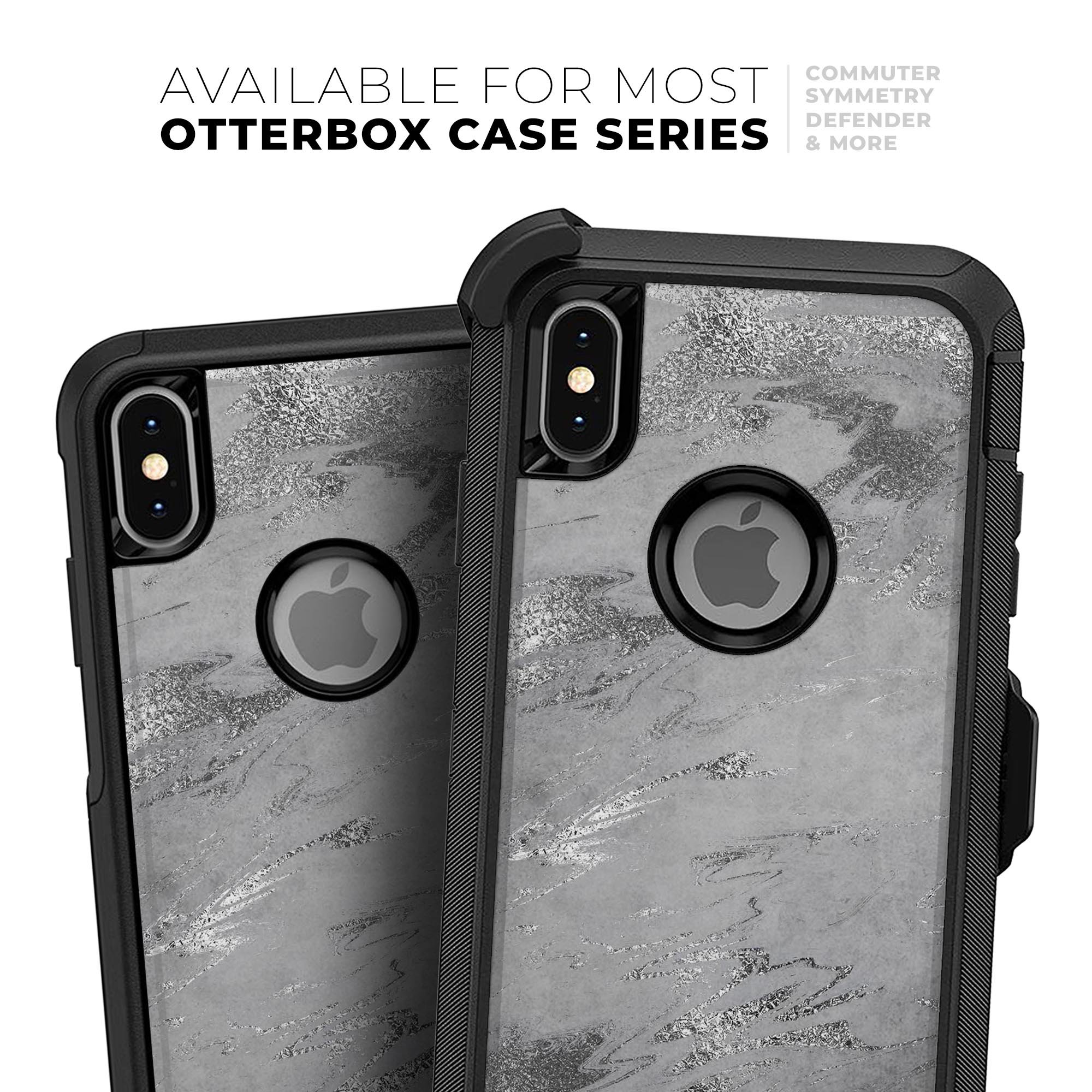 Dark Silver Marble Swirl V9 Skin Kit for iPhone OtterBox Cases, showcasing a stylish marble design.