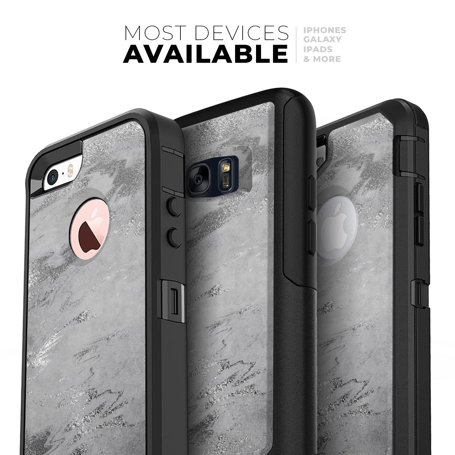 Dark Silver Marble Swirl V9 Skin Kit for iPhone OtterBox Cases, showcasing a stylish marble design.