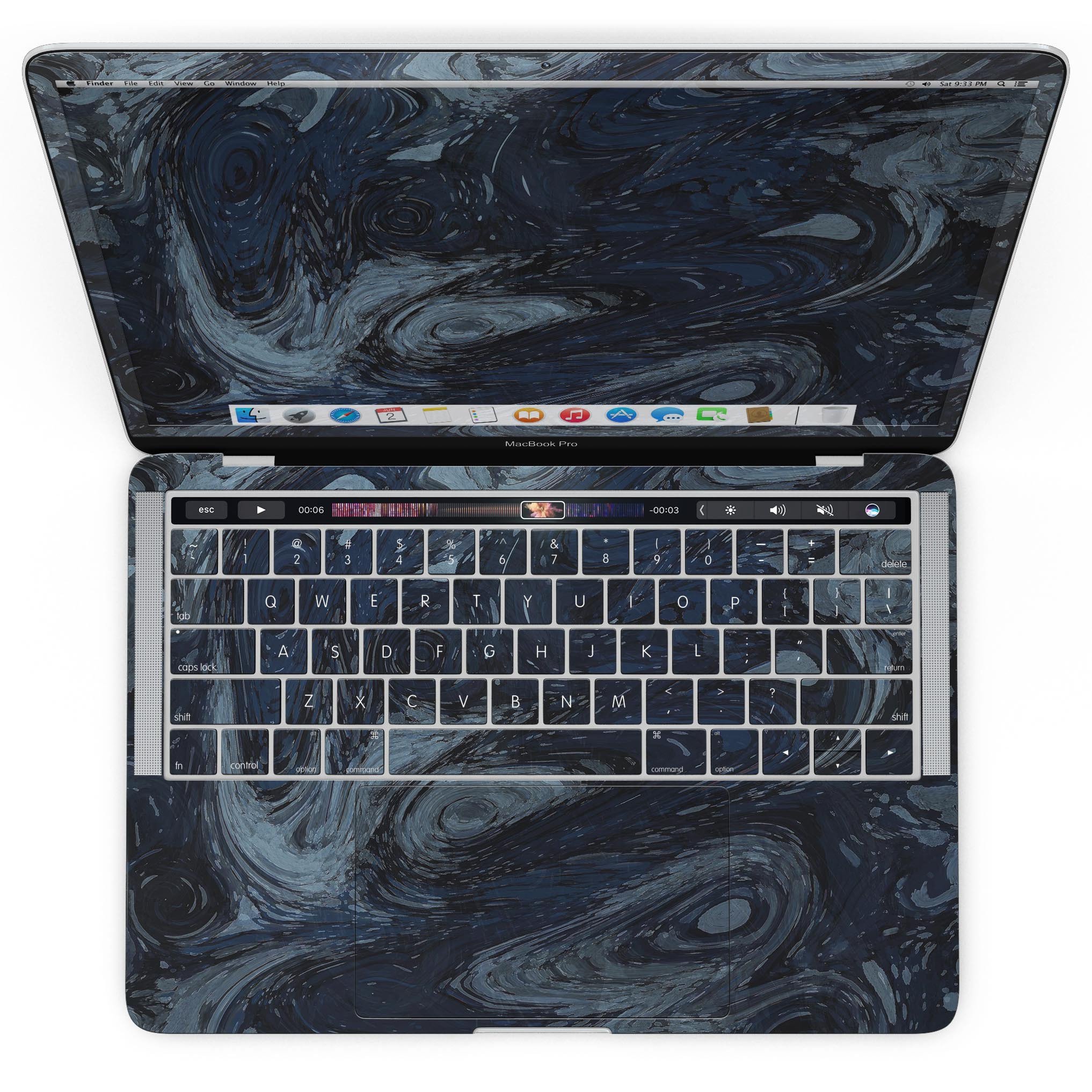 Dark Slate Marble Skin Kit for MacBook Pro with Touch Bar, showcasing a sleek marble design that enhances device aesthetics.