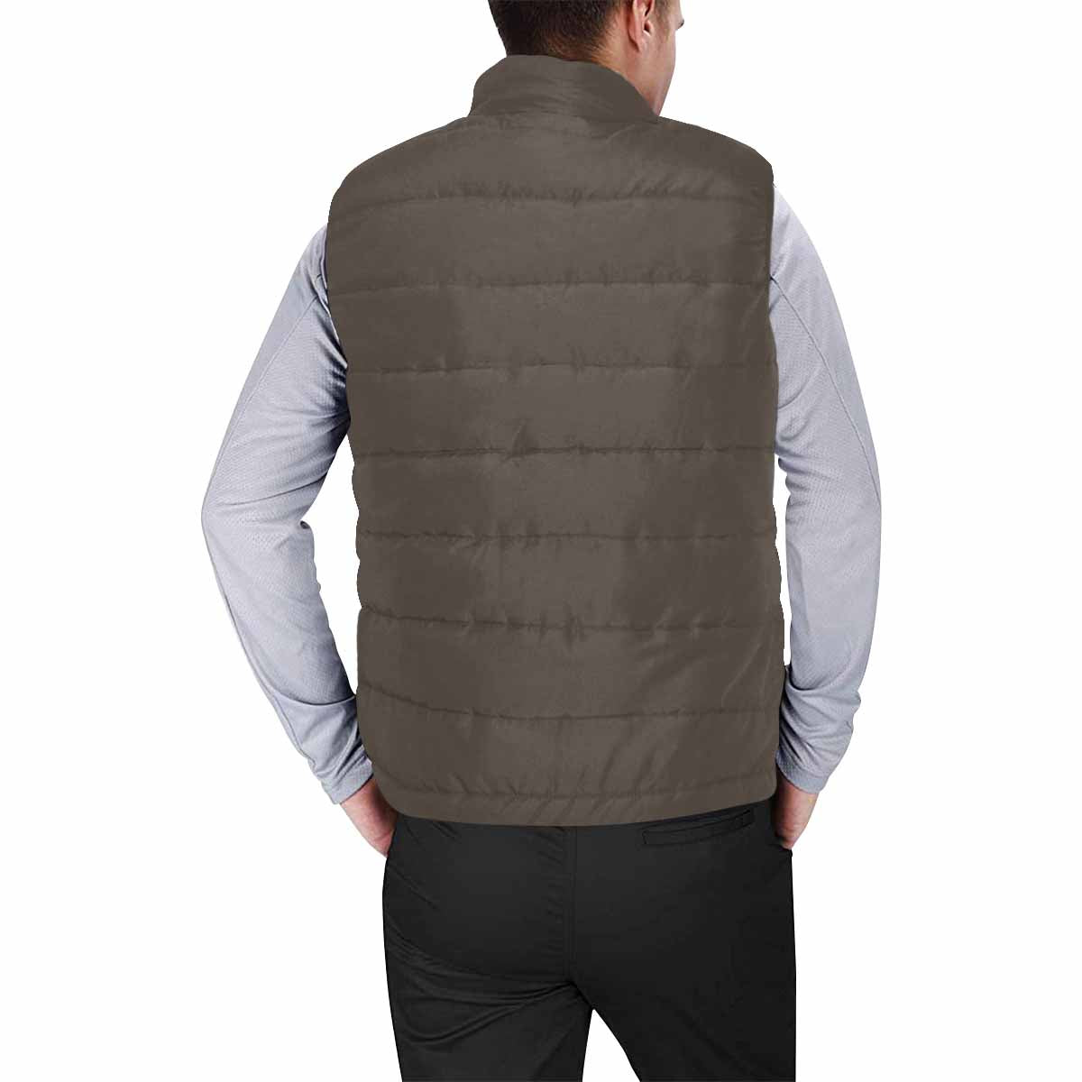 Dark taupe brown men's padded vest featuring a quilted design and zipper closure, perfect for layering in cool weather.