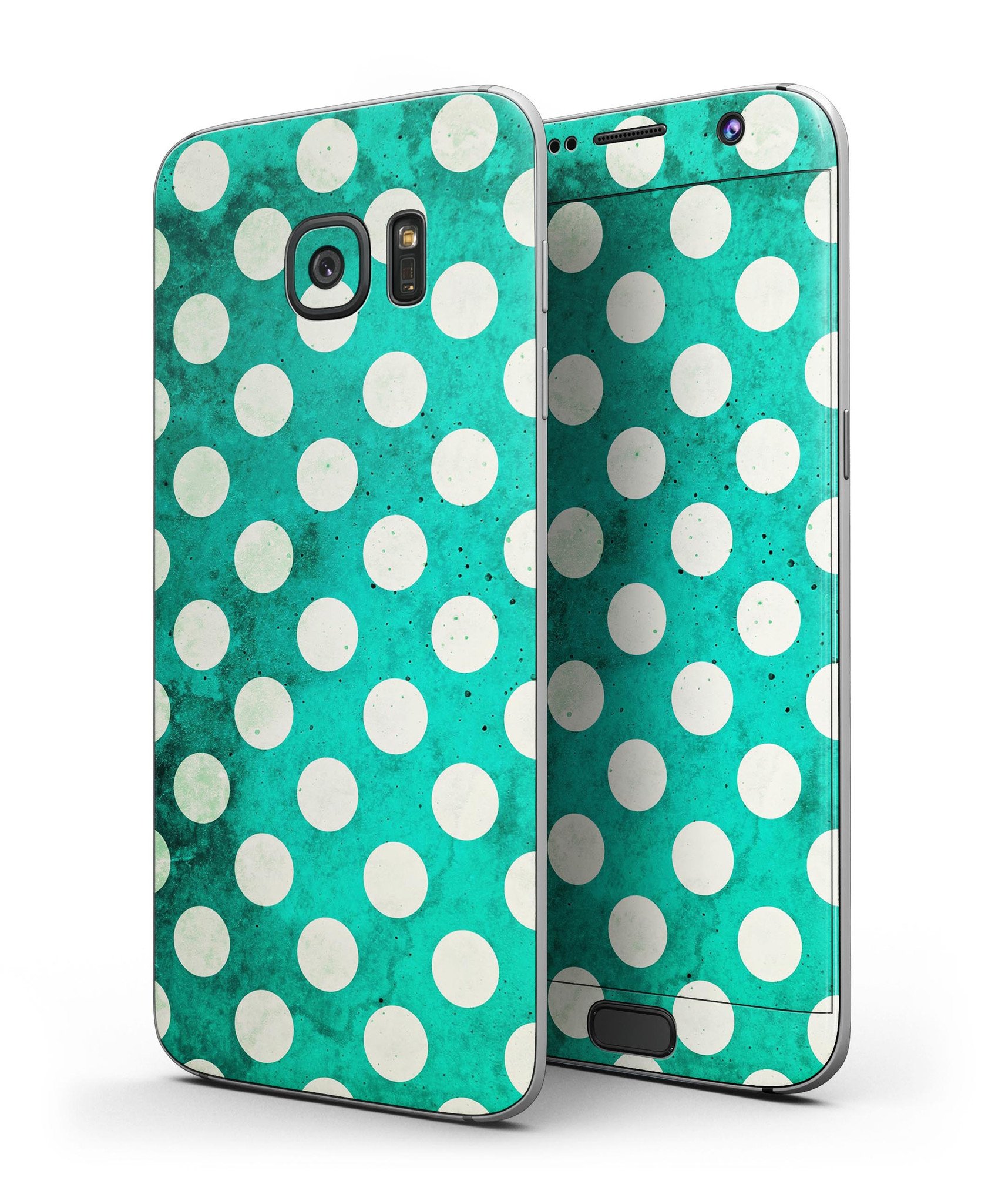 Dark teal and white polka dots skin kit for Samsung Galaxy S7 and S7 Edge, showcasing full-body coverage and stylish design.