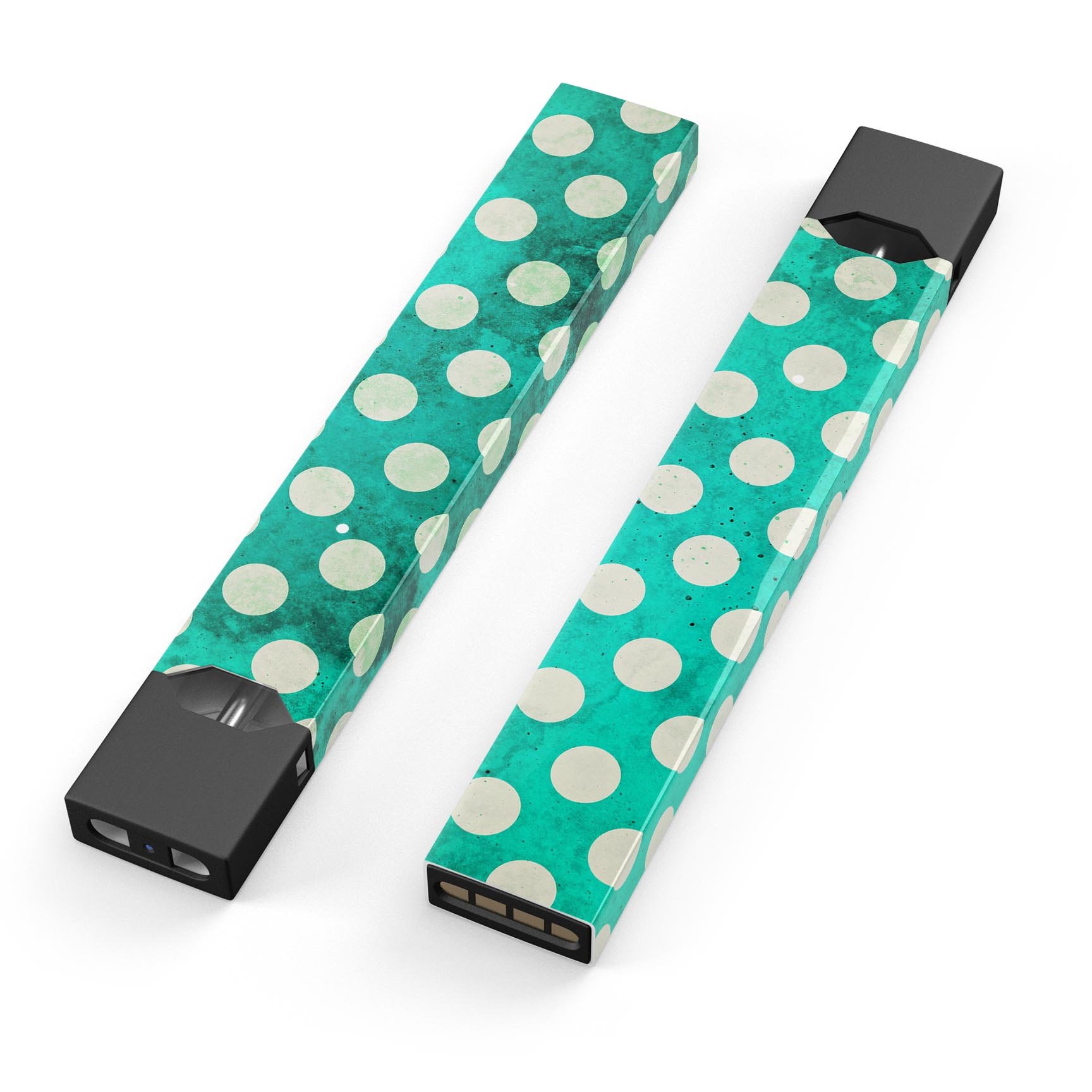 Dark teal and white polka dots pattern decal for JUUL vaping device, showcasing a stylish design and premium quality.