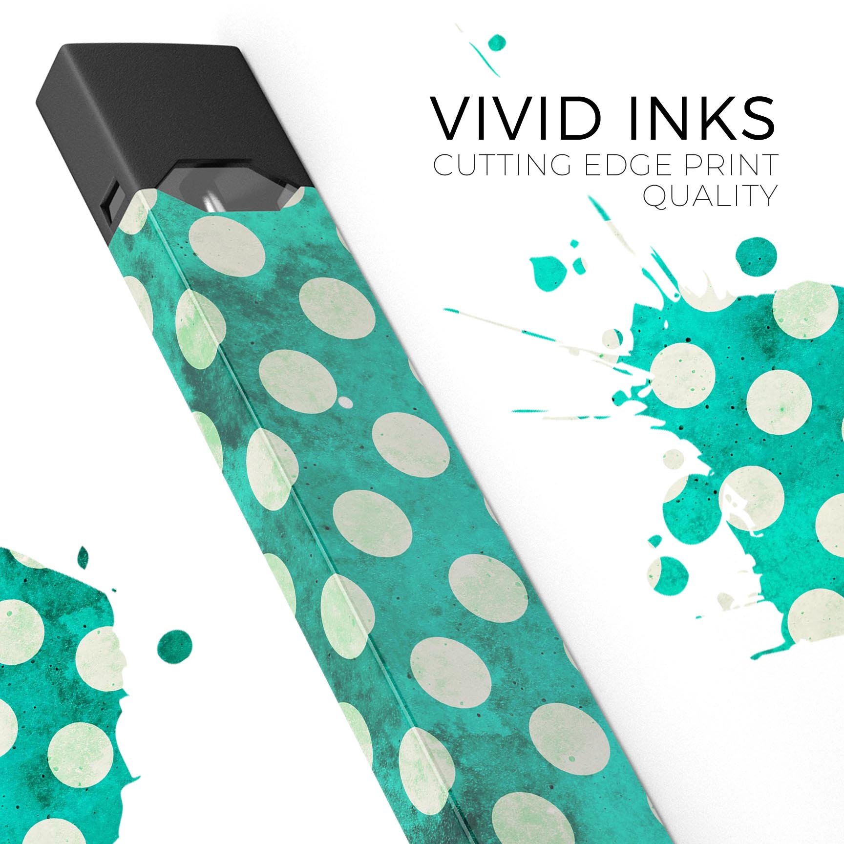 Dark teal and white polka dots pattern decal for JUUL vaping device, showcasing a stylish design and premium quality.