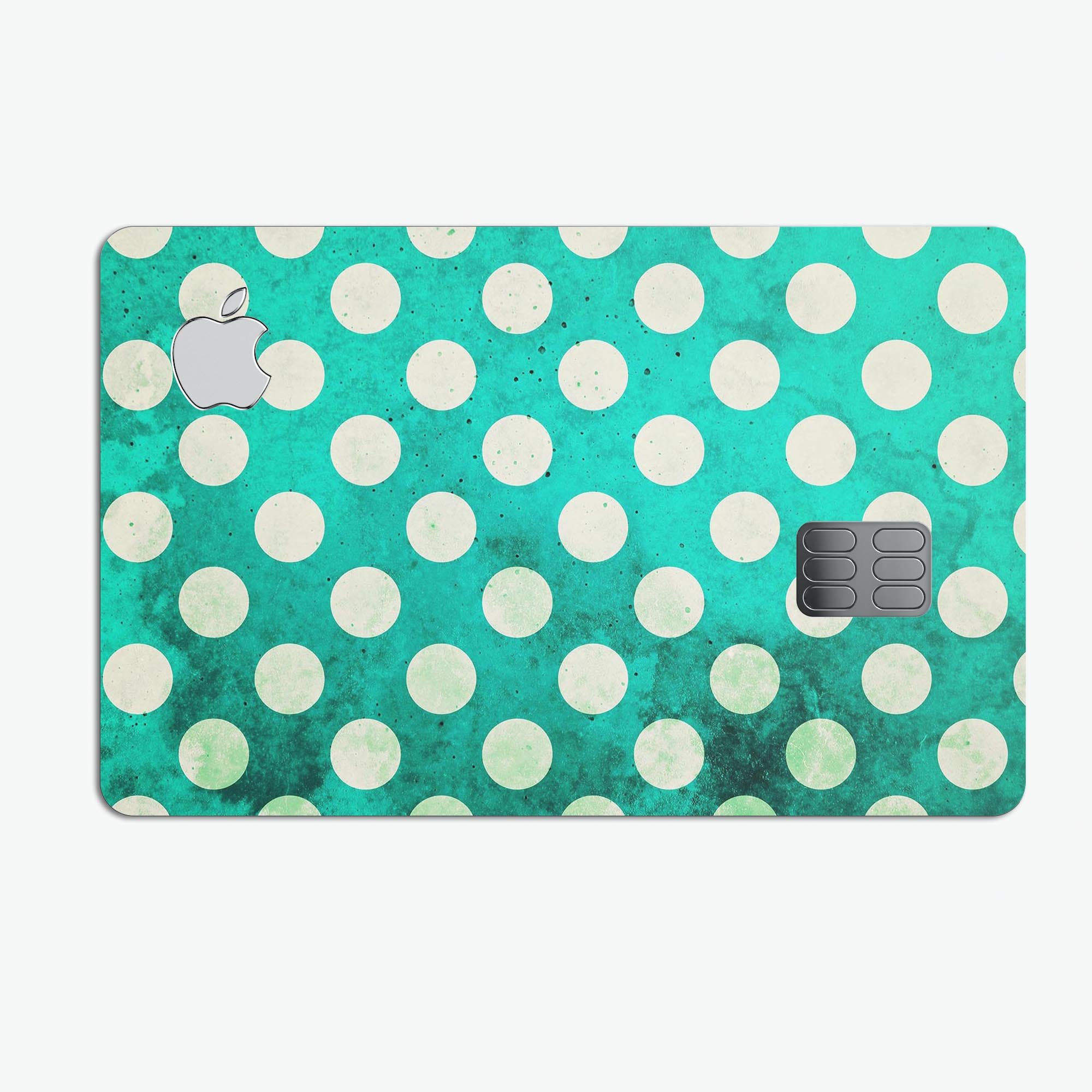 Dark teal and white polka dots pattern protective decal for Apple Card, showcasing a stylish design and premium quality.