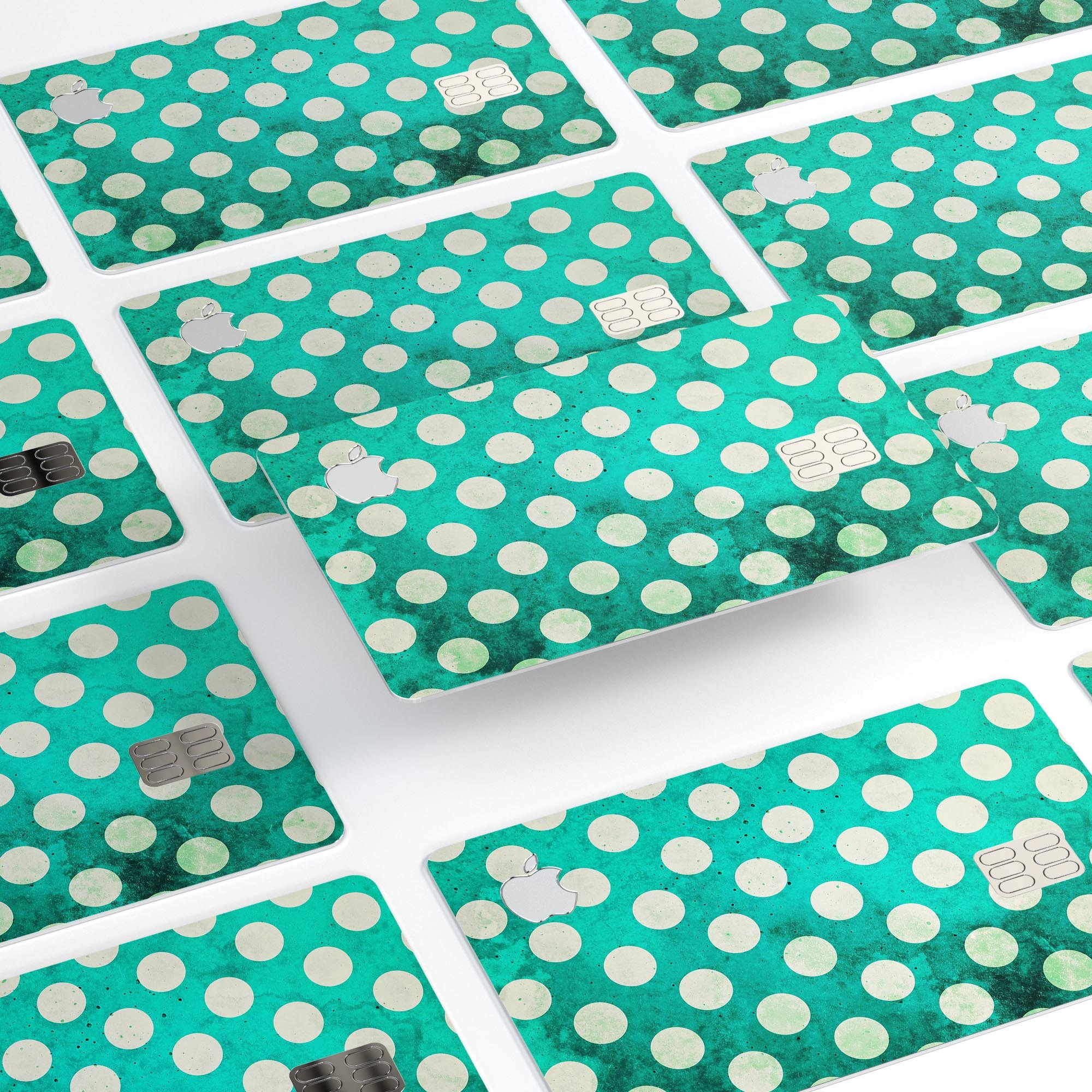 Dark teal and white polka dots pattern protective decal for Apple Card, showcasing a stylish design and premium quality.