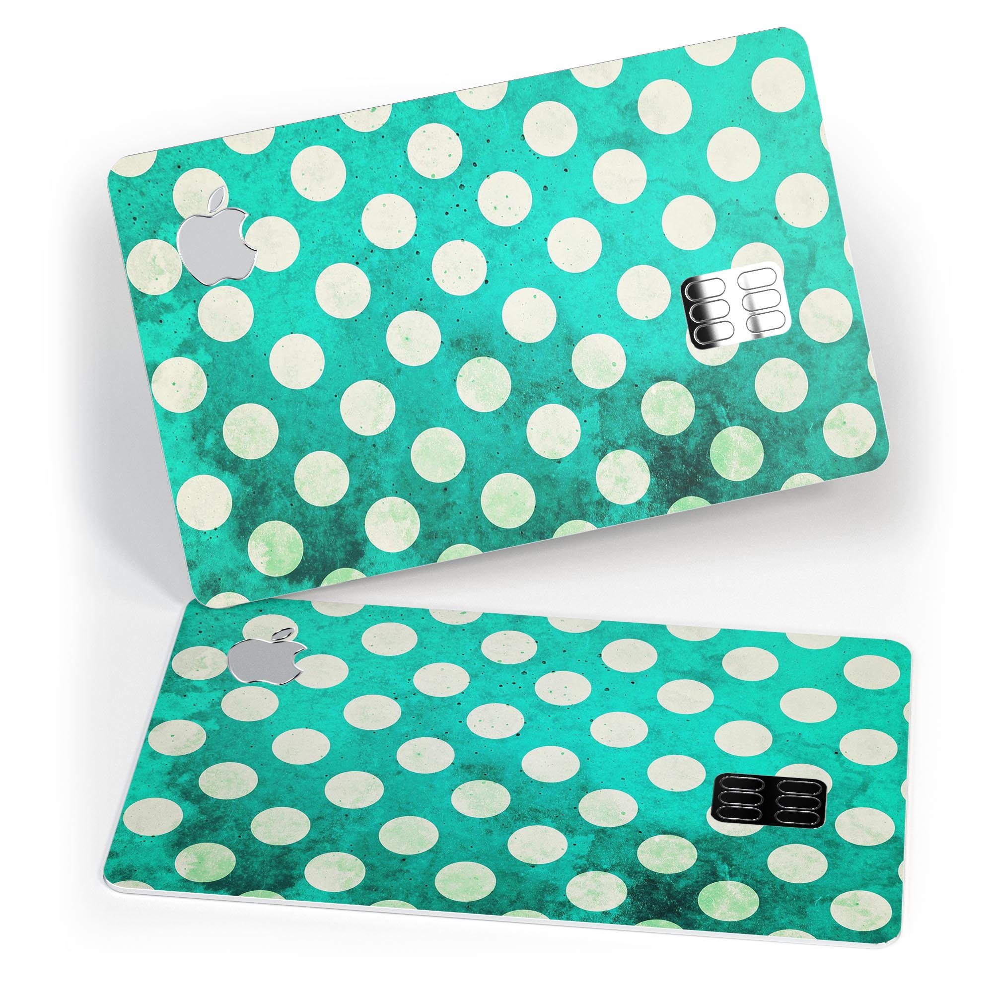 Dark teal and white polka dots pattern protective decal for Apple Card, showcasing a stylish design and premium quality.