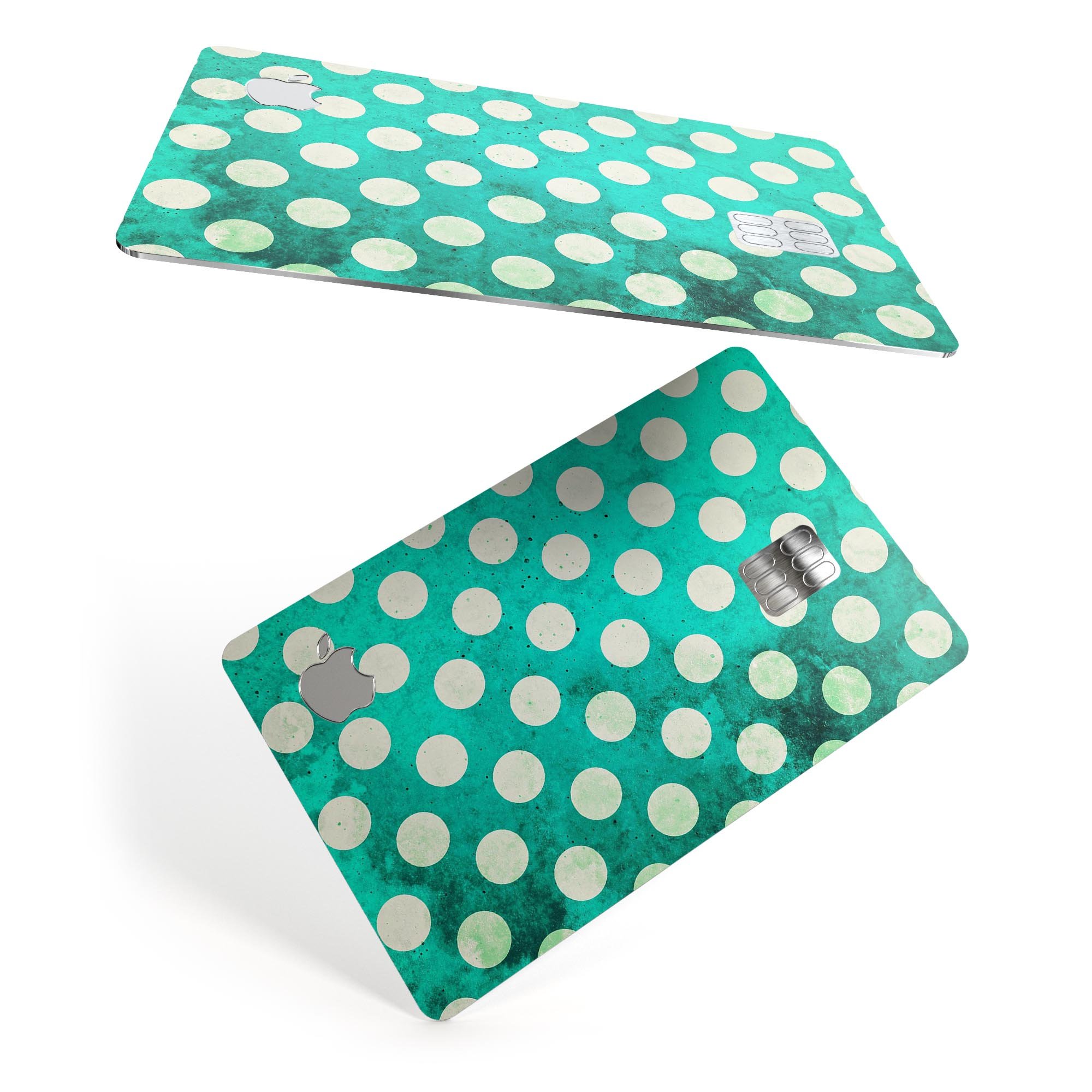 Dark teal and white polka dots pattern protective decal for Apple Card, showcasing a stylish design and premium quality.