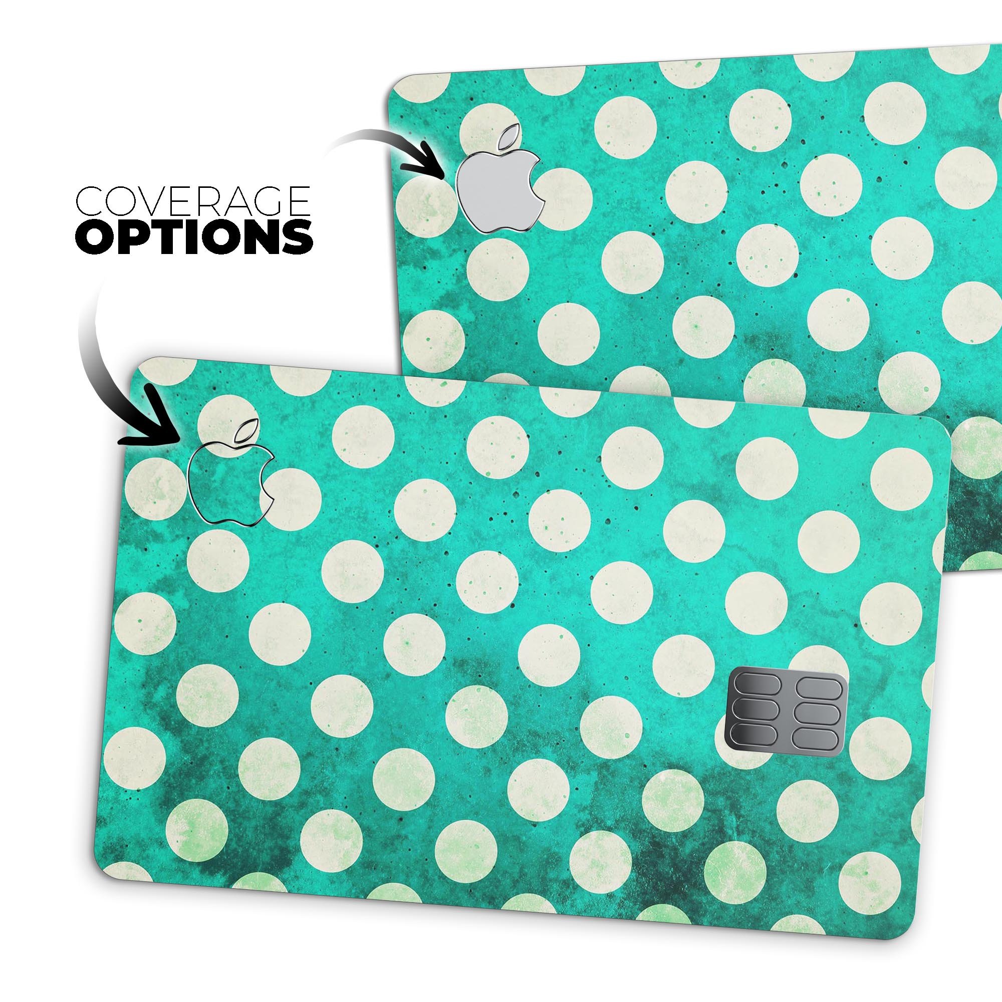 Dark teal and white polka dots pattern protective decal for Apple Card, showcasing a stylish design and premium quality.