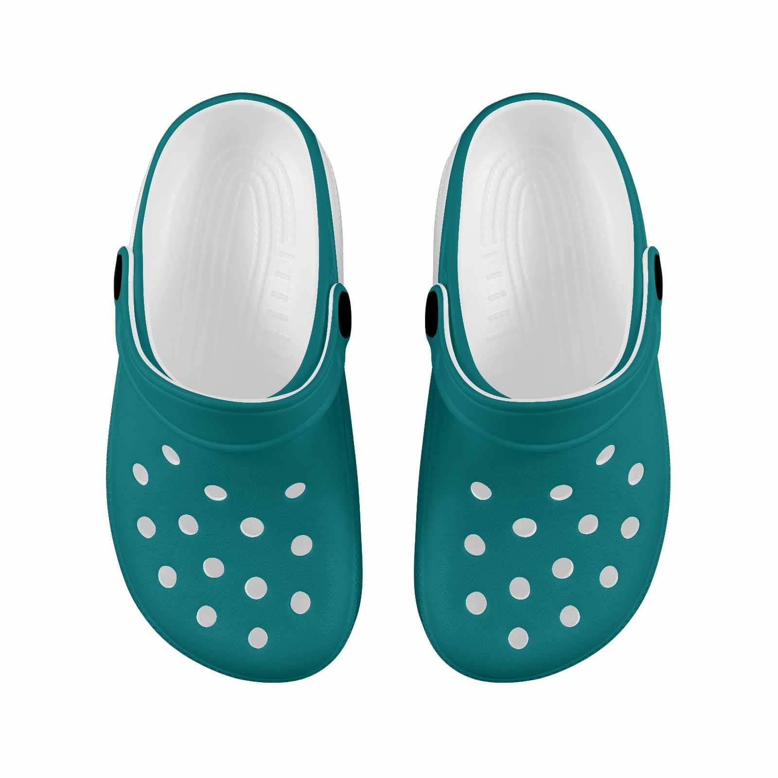 Dark teal green clogs designed for youth, featuring a slip-on style, breathable material, and cushioned sole for comfort.