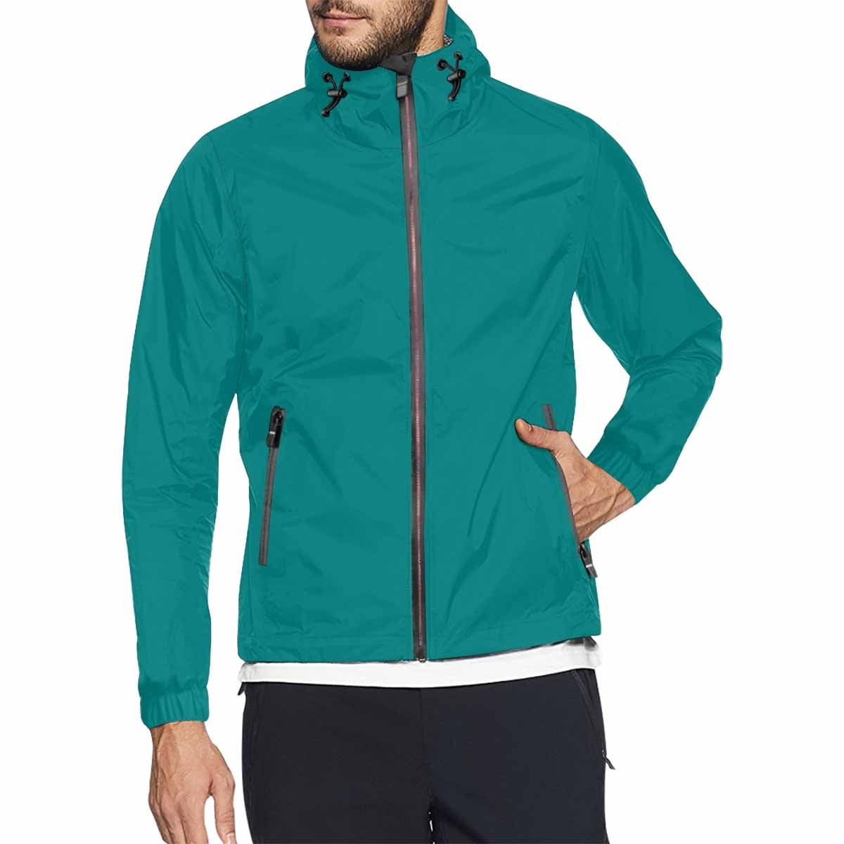 Dark teal green hooded windbreaker jacket for men and women, featuring a full zip, adjustable hood, and two zippered pockets.