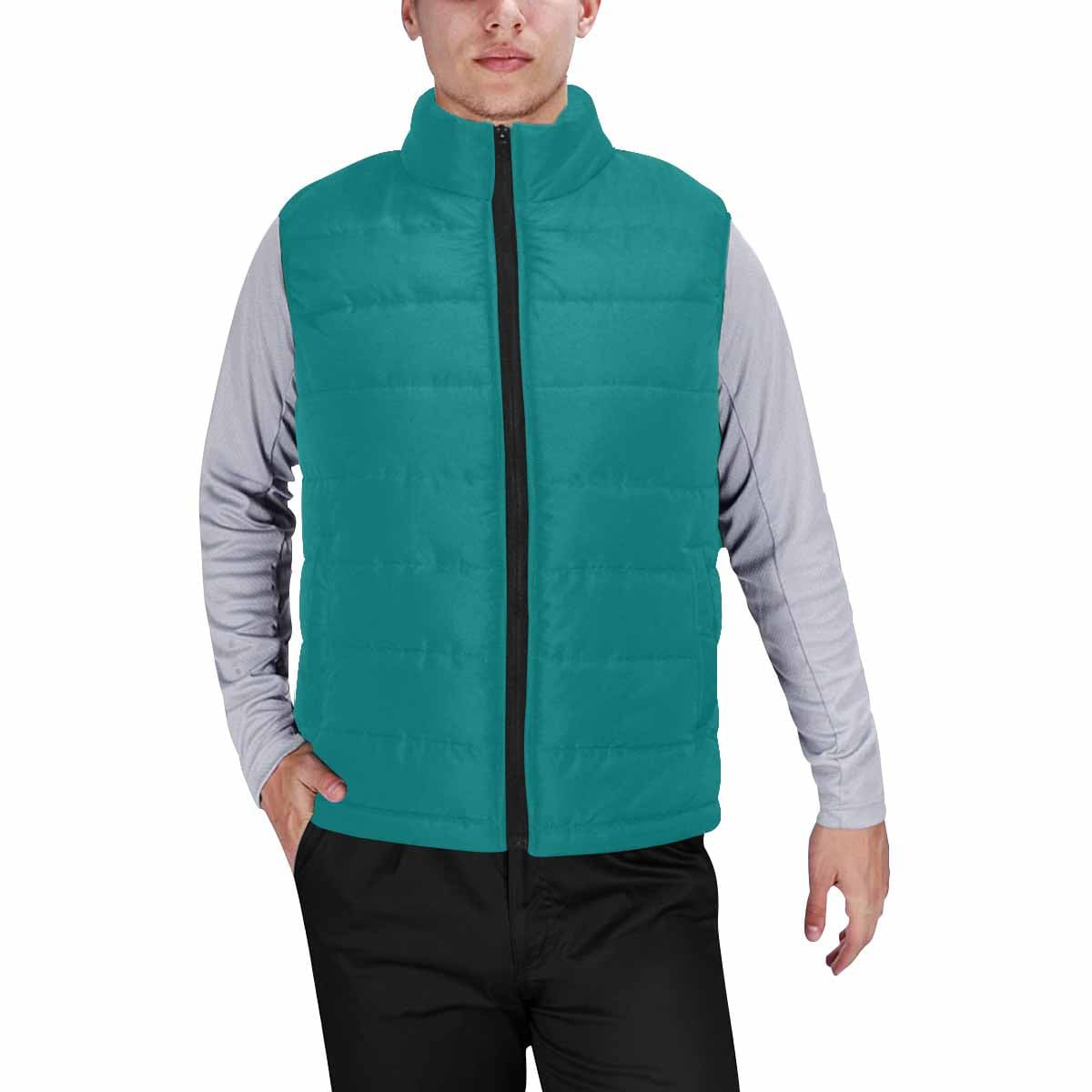 Dark teal green men's padded vest with quilted pattern and zipper closure, perfect for layering in cool weather.