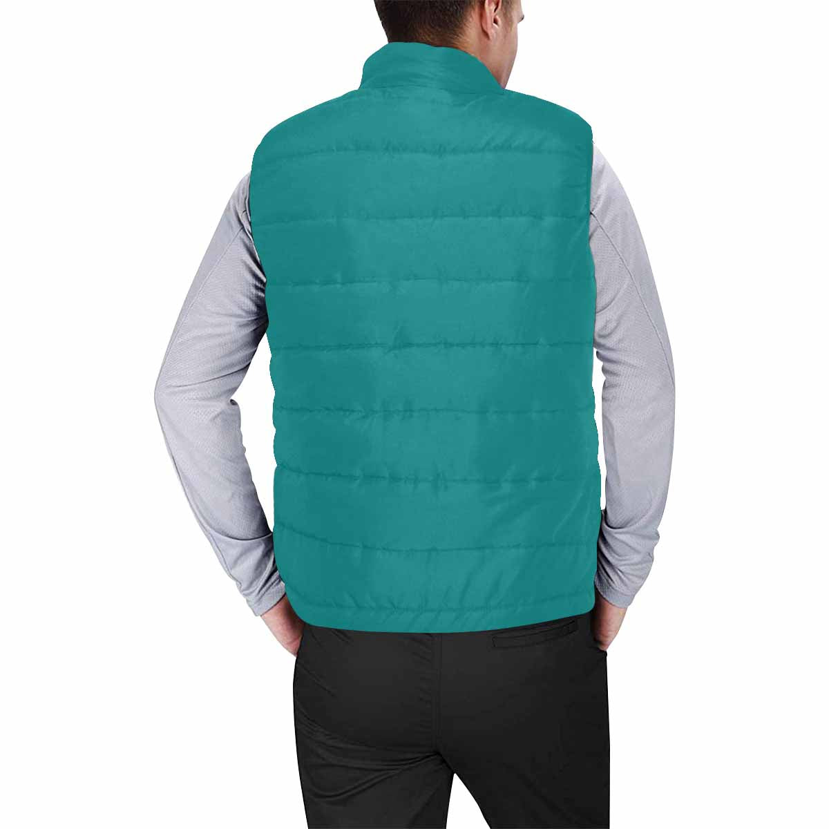 Dark teal green men's padded vest with quilted pattern and zipper closure, perfect for layering in cool weather.