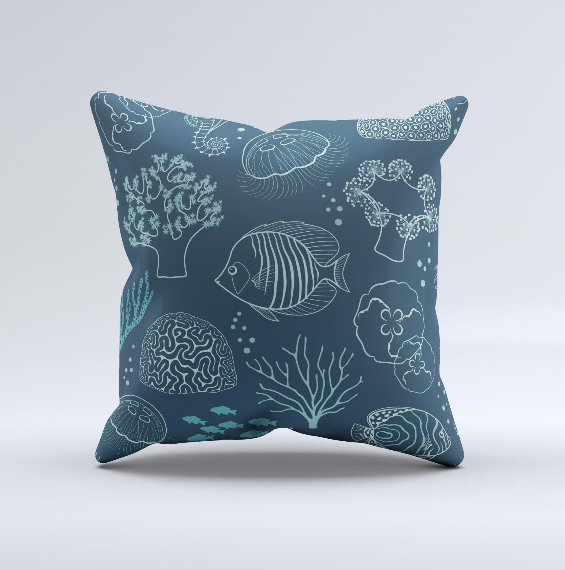 Dark teal decorative throw pillow featuring sea creature icons, handcrafted with high-quality fabric and unique designs.