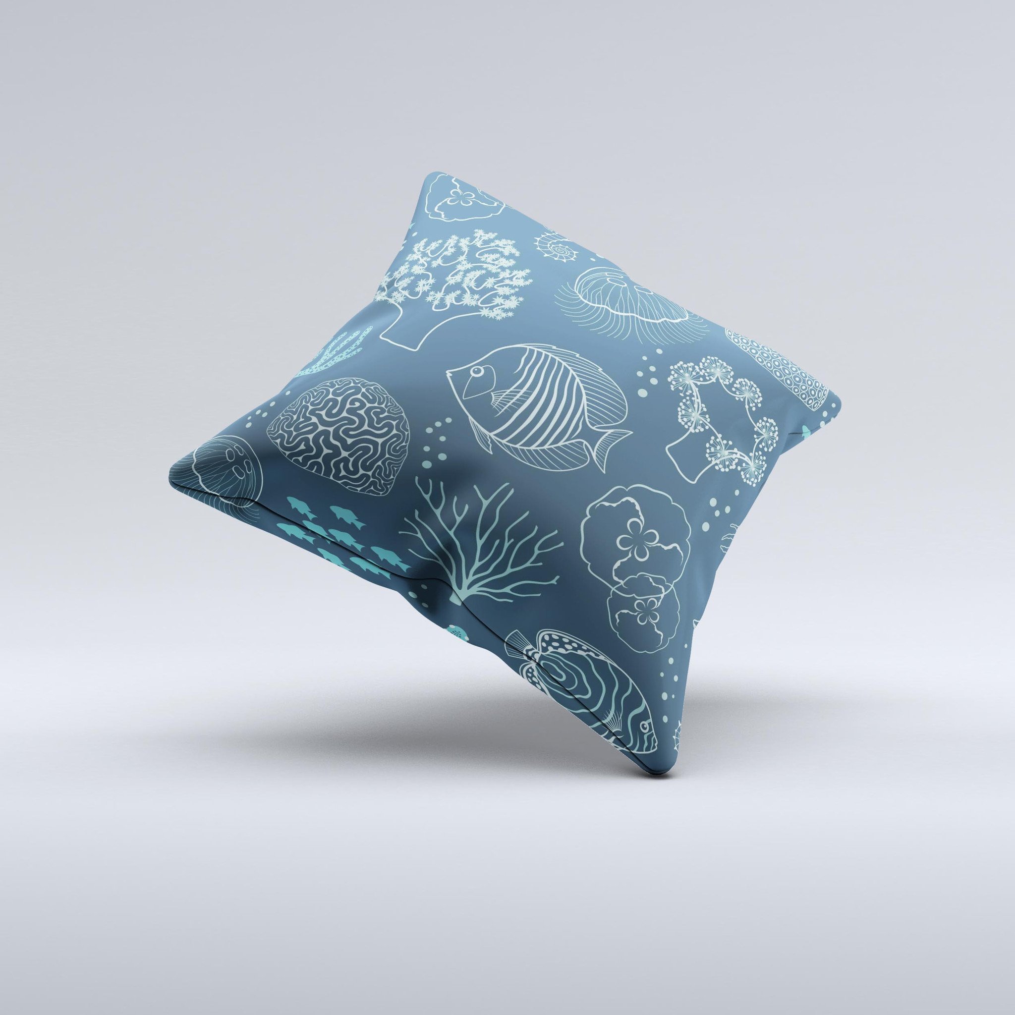 Dark teal decorative throw pillow featuring sea creature icons, handcrafted with high-quality fabric and unique designs.