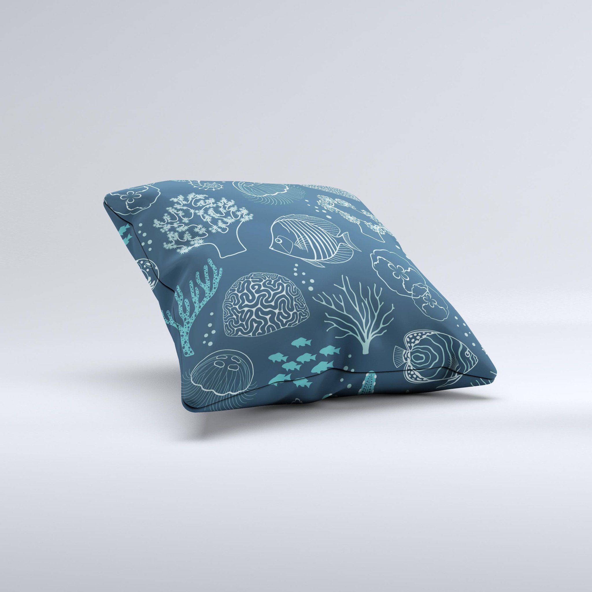 Dark teal decorative throw pillow featuring sea creature icons, handcrafted with high-quality fabric and unique designs.