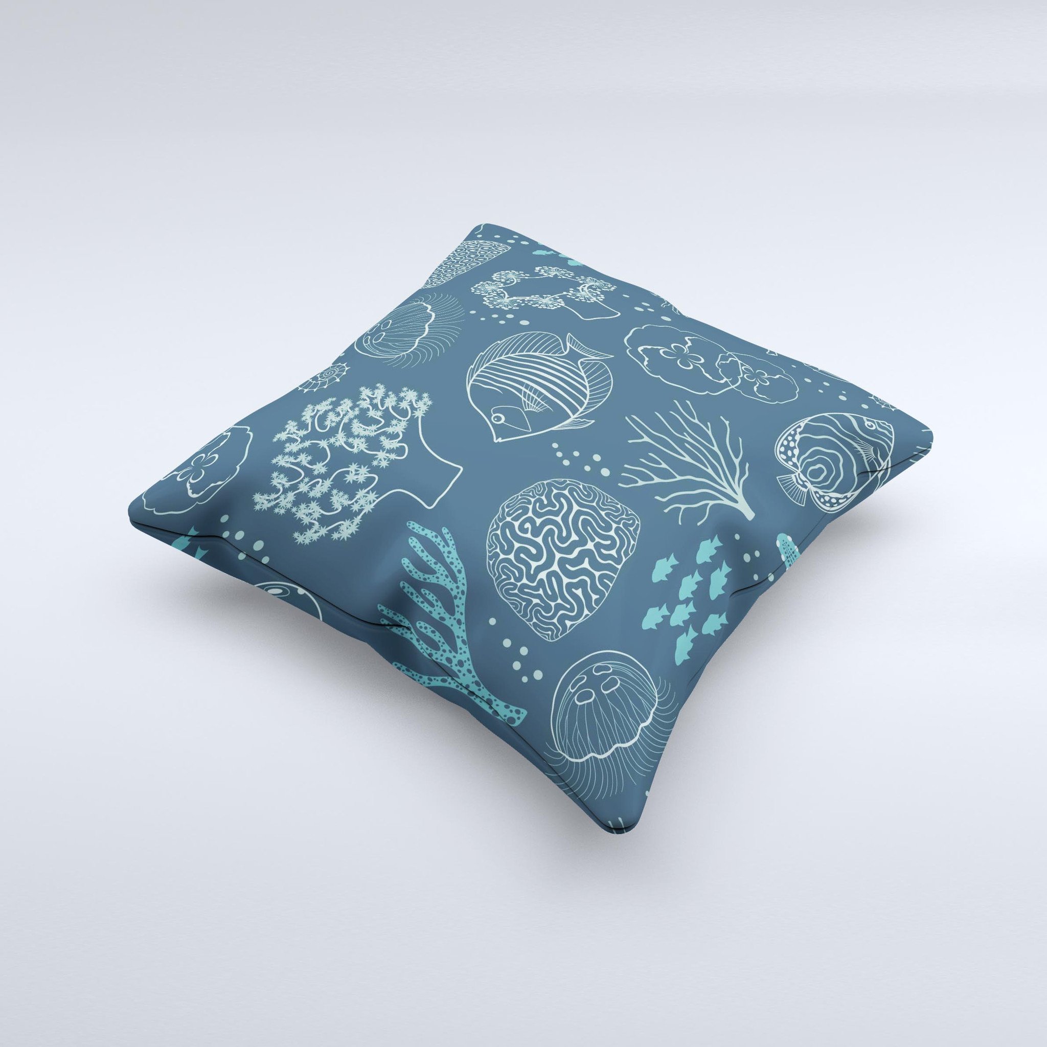 Dark teal decorative throw pillow featuring sea creature icons, handcrafted with high-quality fabric and unique designs.