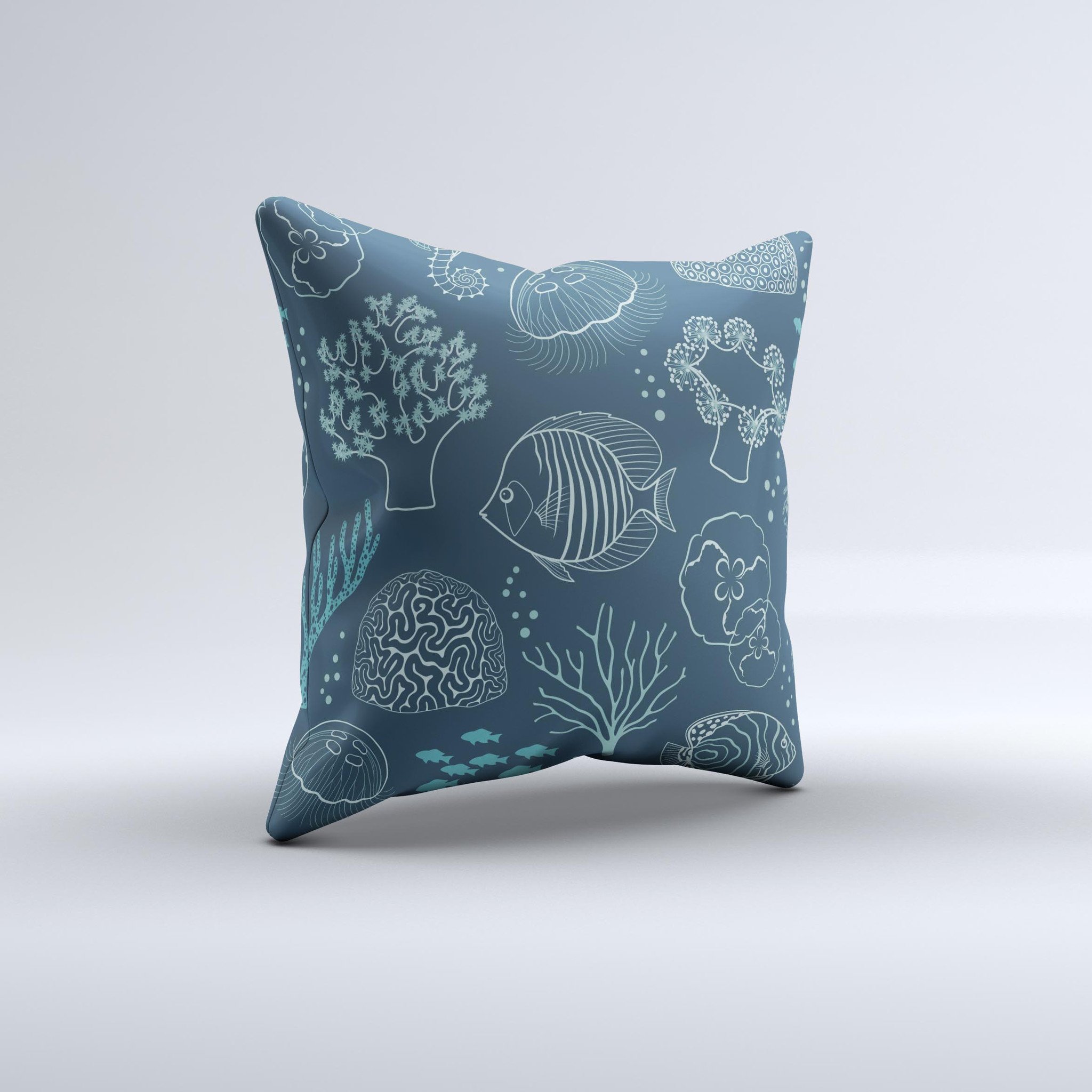 Dark teal decorative throw pillow featuring sea creature icons, handcrafted with high-quality fabric and unique designs.