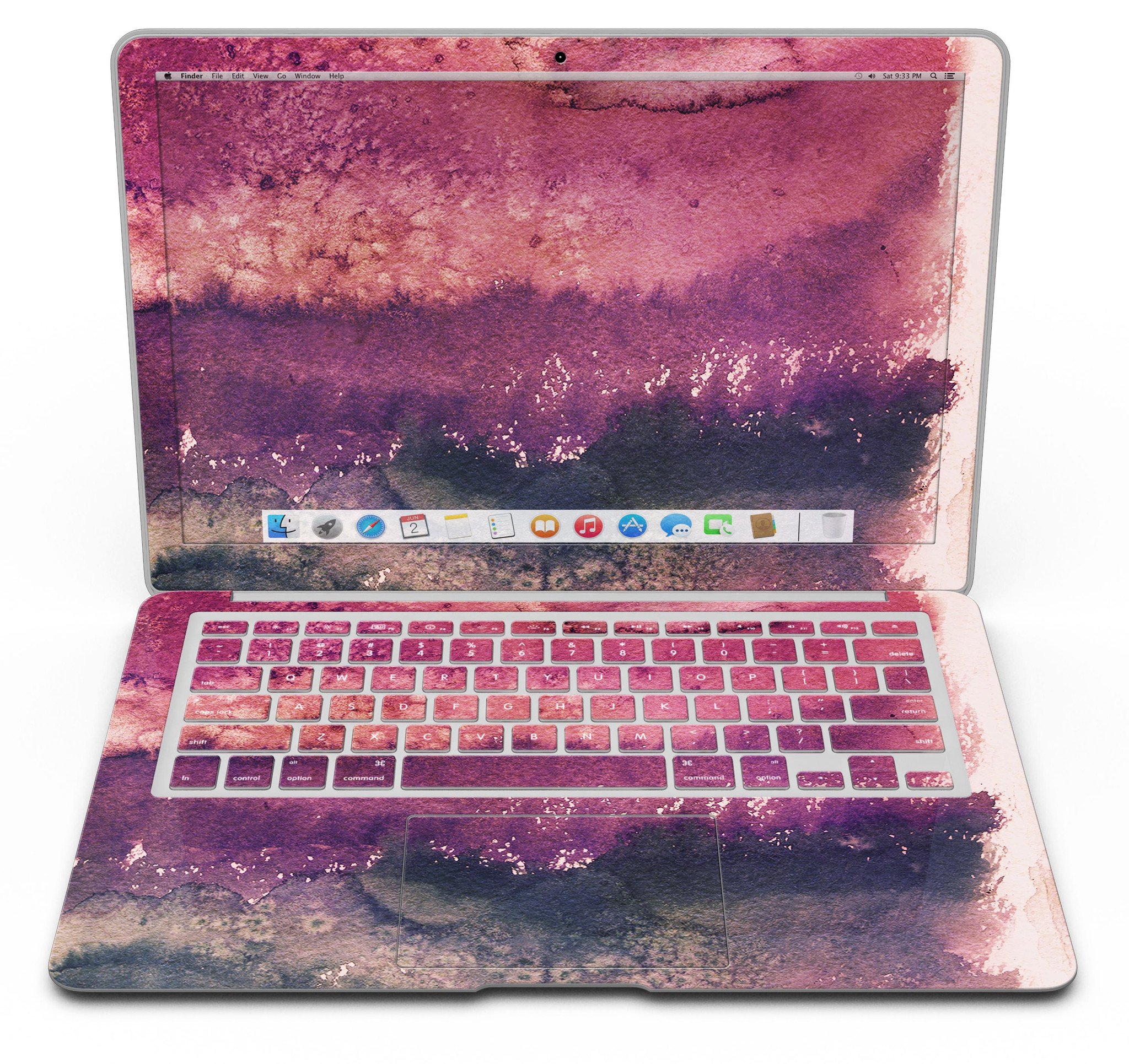 Dark v2bsorbed Watercolor Texture skin applied to a MacBook Air, showcasing vibrant colors and sleek design.