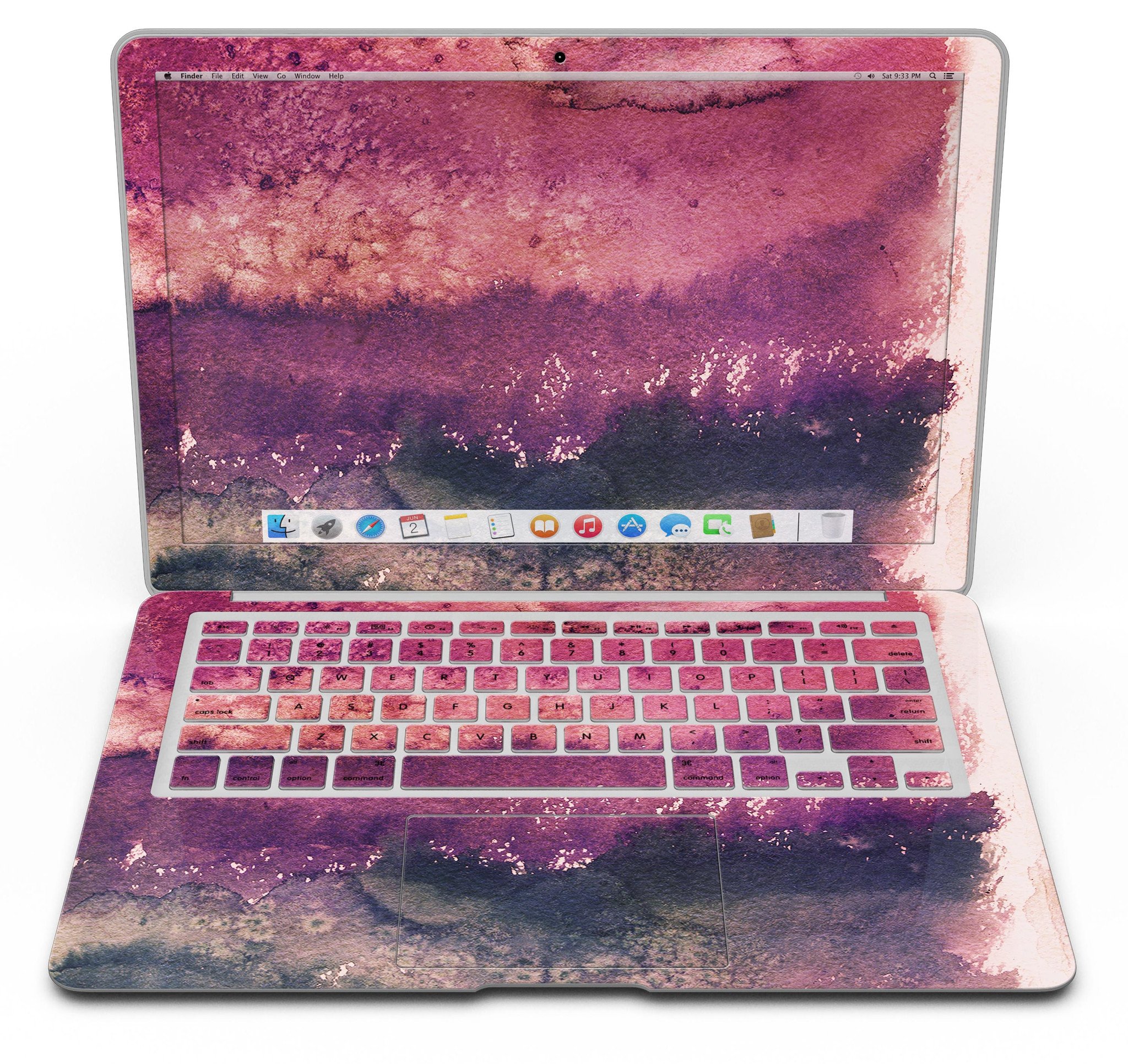 Dark v2bsorbed Watercolor Texture skin applied to a MacBook Air, showcasing vibrant colors and sleek design.