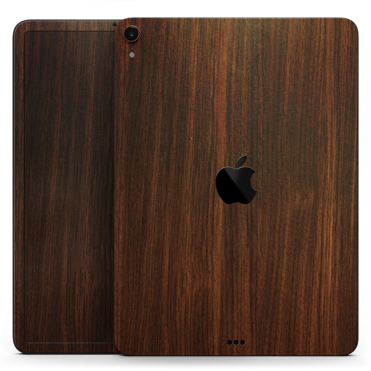 Dark Walnut Stained Wood Full Body Skin Decal for Apple iPad Pro, showcasing a rich wood texture and sleek design.