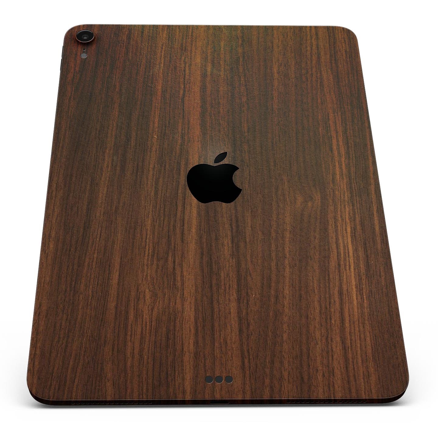 Dark Walnut Stained Wood Full Body Skin Decal for Apple iPad Pro, showcasing a rich wood texture and sleek design.