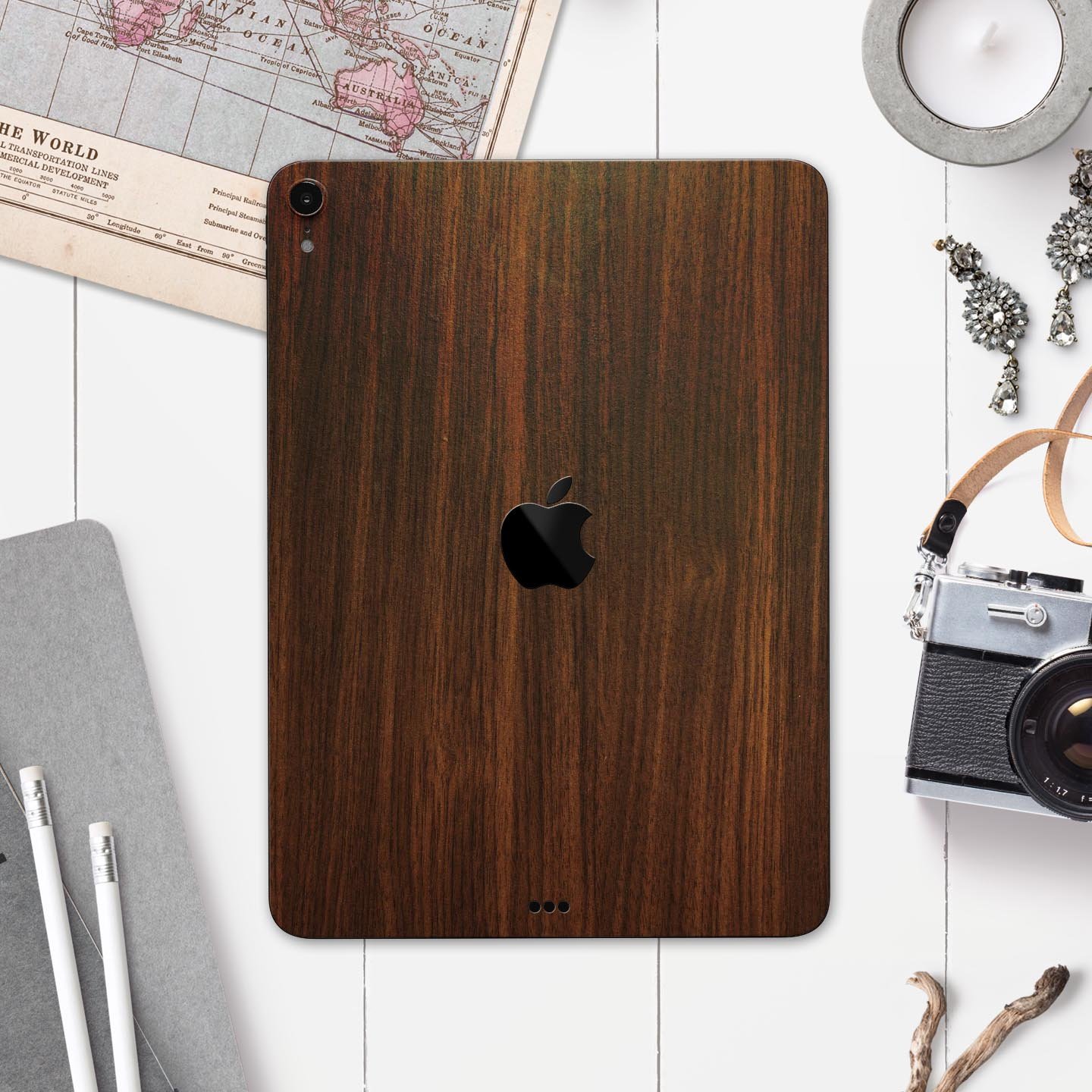 Dark Walnut Stained Wood Full Body Skin Decal for Apple iPad Pro, showcasing a rich wood texture and sleek design.