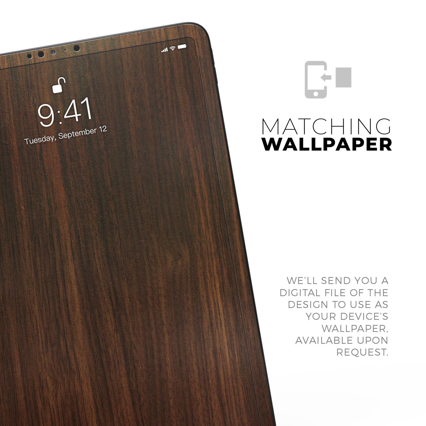 Dark Walnut Stained Wood Full Body Skin Decal for Apple iPad Pro, showcasing a rich wood texture and sleek design.