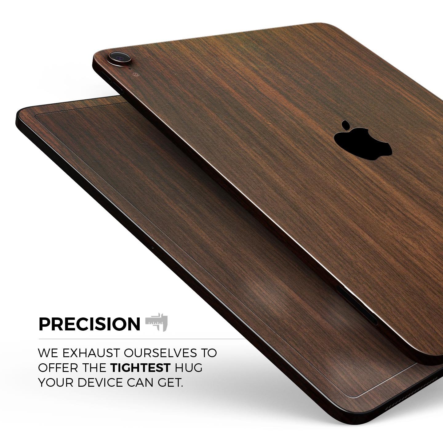 Dark Walnut Stained Wood Full Body Skin Decal for Apple iPad Pro, showcasing a rich wood texture and sleek design.