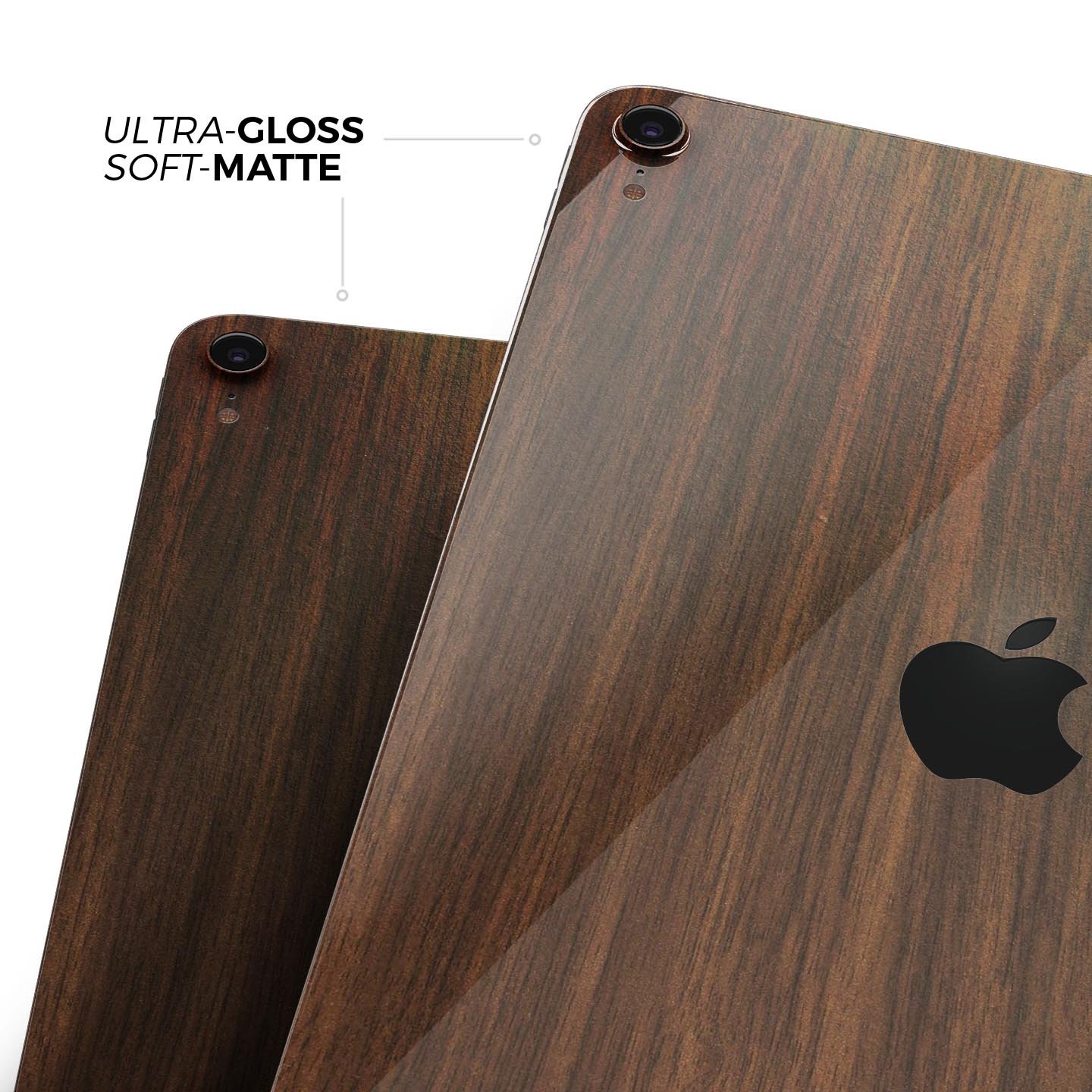 Dark Walnut Stained Wood Full Body Skin Decal for Apple iPad Pro, showcasing a rich wood texture and sleek design.