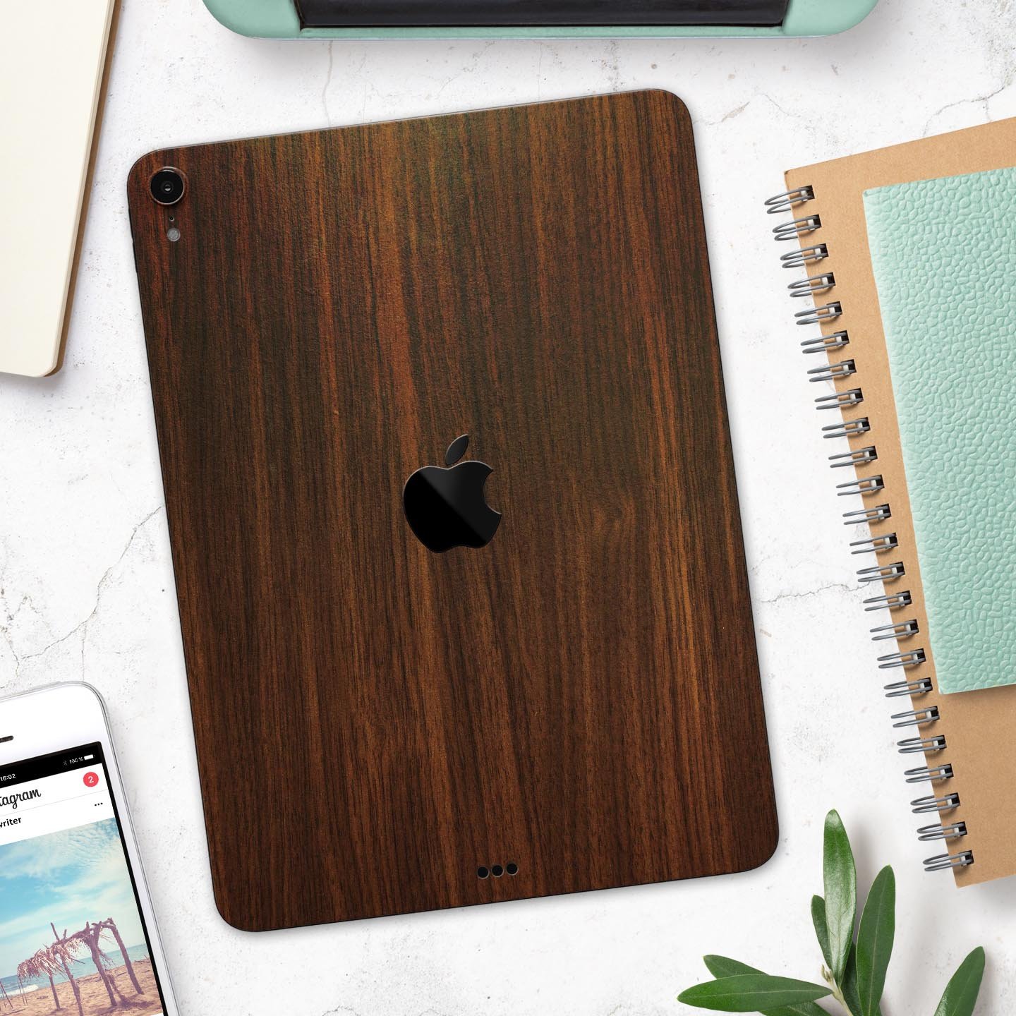 Dark Walnut Stained Wood Full Body Skin Decal for Apple iPad Pro, showcasing a rich wood texture and sleek design.