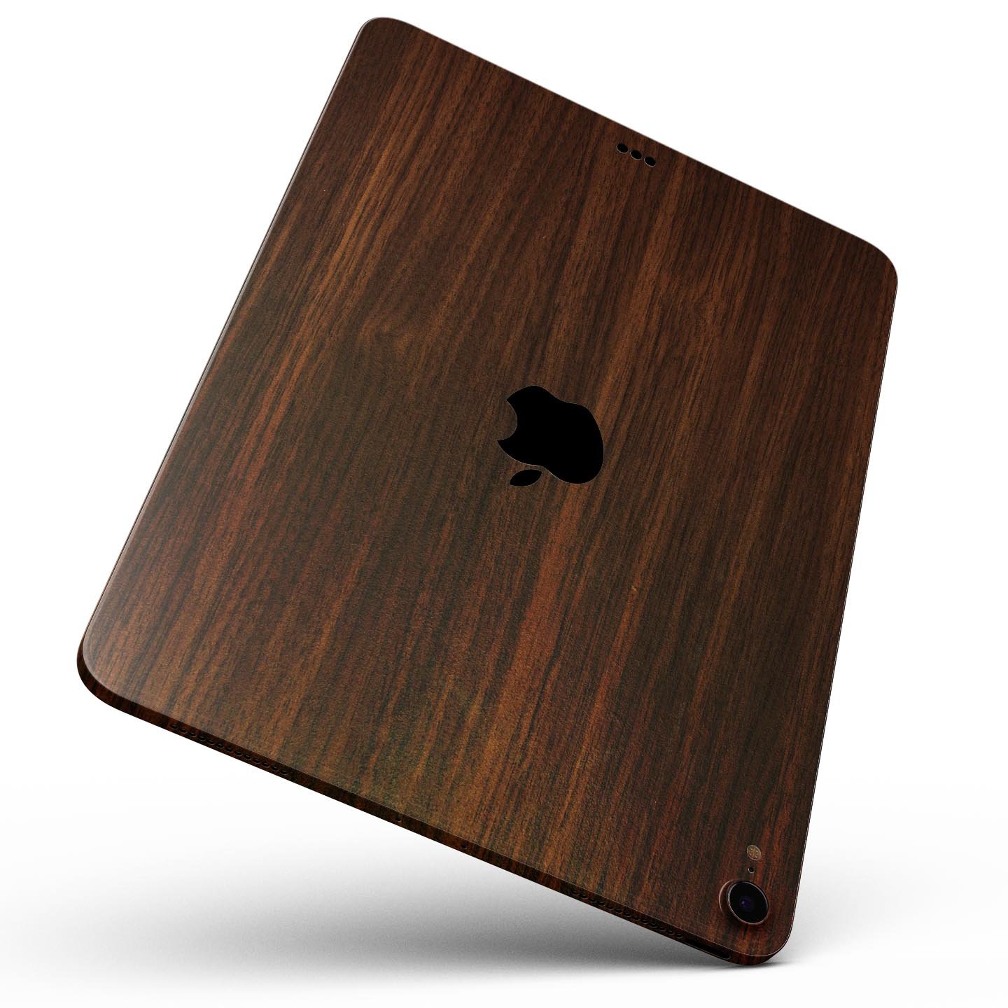 Dark Walnut Stained Wood Full Body Skin Decal for Apple iPad Pro, showcasing a rich wood texture and sleek design.