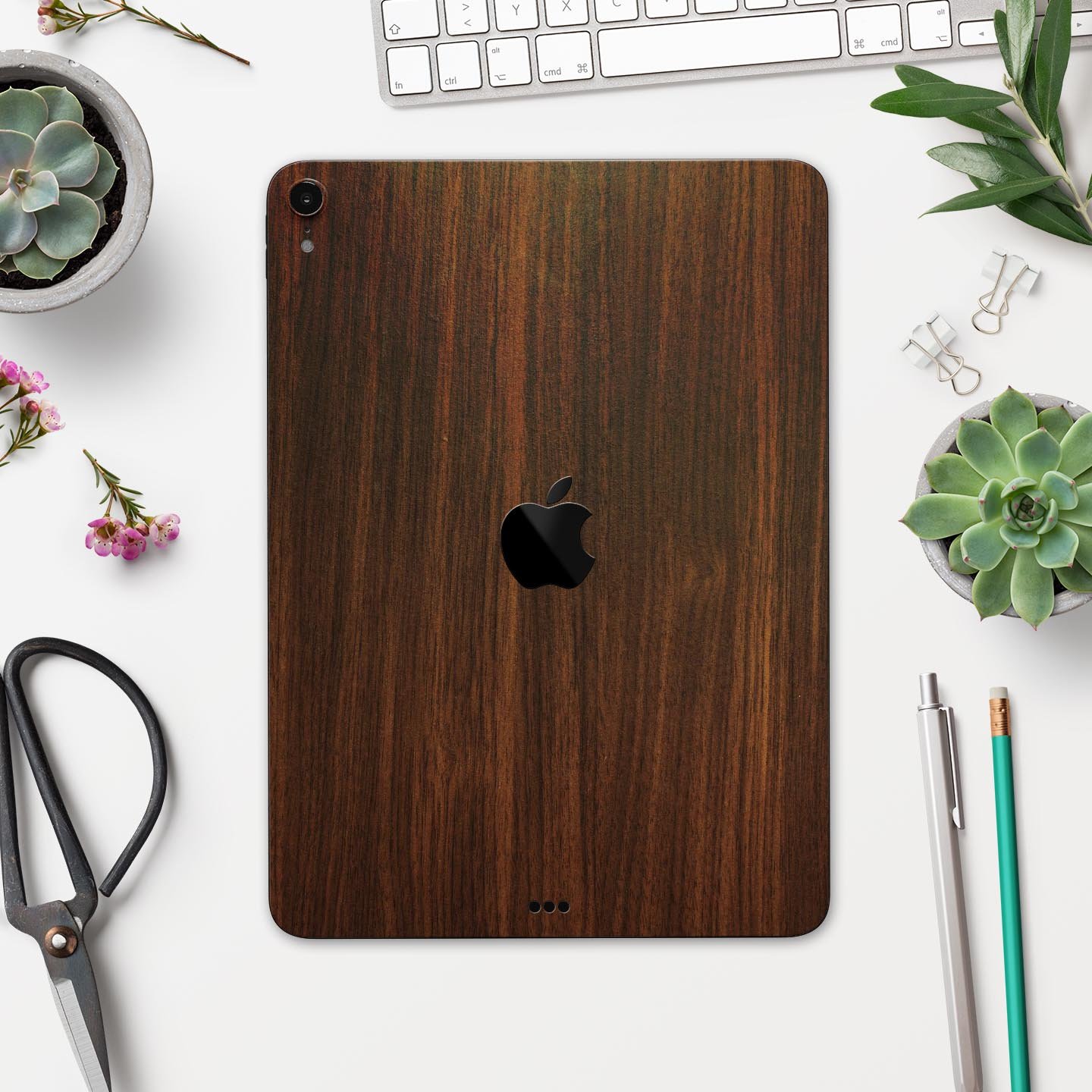 Dark Walnut Stained Wood Full Body Skin Decal for Apple iPad Pro, showcasing a rich wood texture and sleek design.