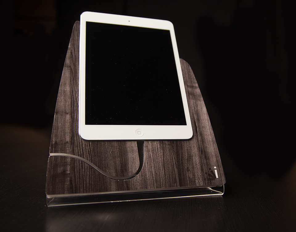 Dark Washed Wood iStand for iPad Mini, showcasing its elegant design and cable management feature.