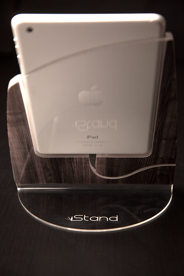 Dark Washed Wood iStand for iPad Mini, showcasing its elegant design and cable management feature.