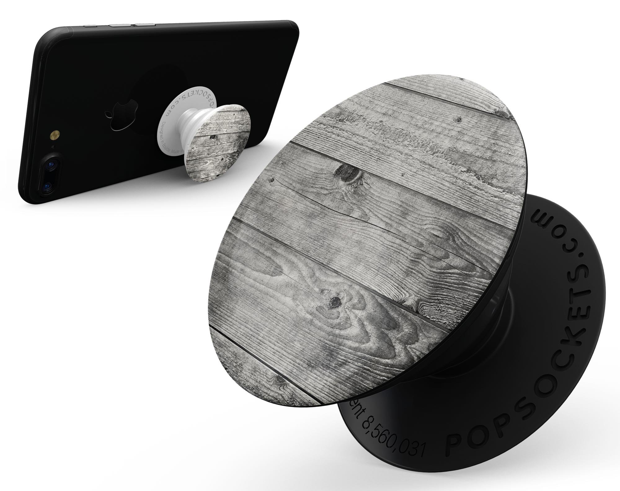 Dark Washed Wood Planks Skin Kit for PopSockets, showcasing a stylish wood design on a smartphone grip.