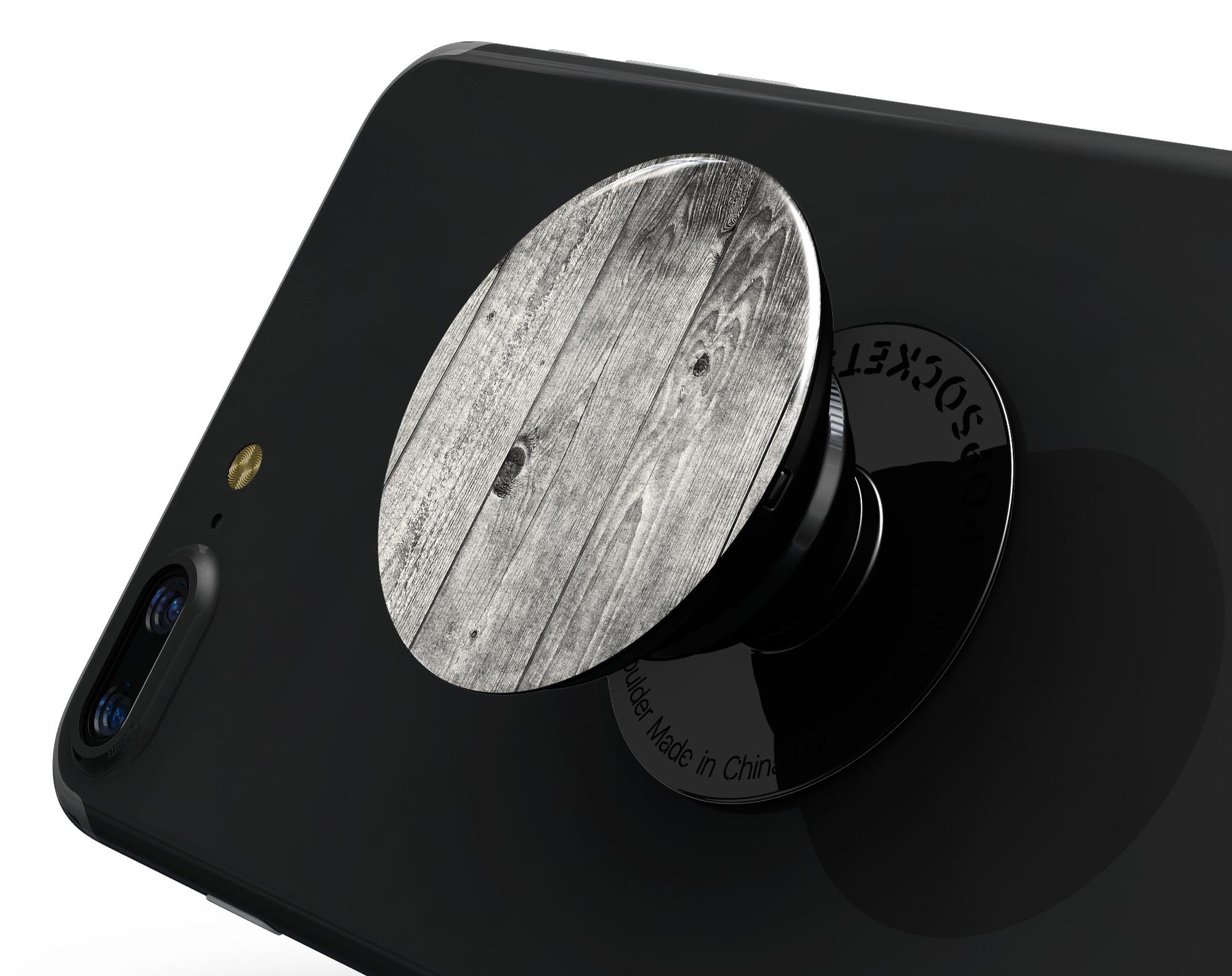 Dark Washed Wood Planks Skin Kit for PopSockets, showcasing a stylish wood design on a smartphone grip.