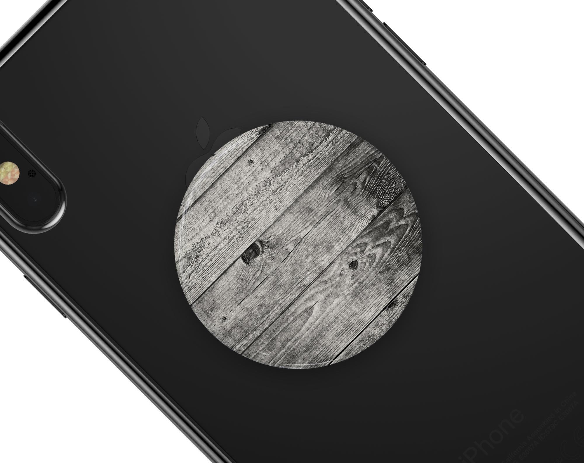 Dark Washed Wood Planks Skin Kit for PopSockets, showcasing a stylish wood design on a smartphone grip.