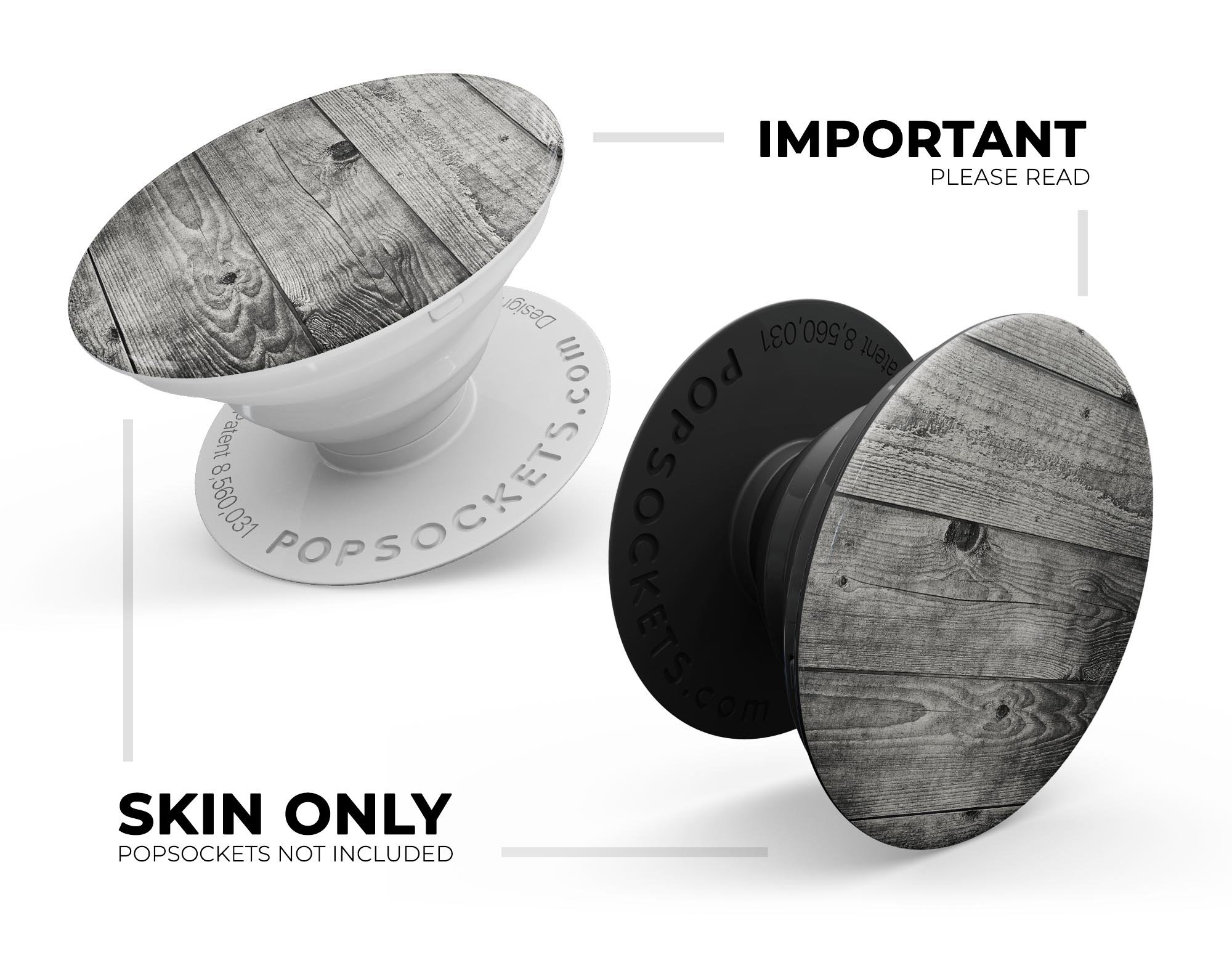 Dark Washed Wood Planks Skin Kit for PopSockets, showcasing a stylish wood design on a smartphone grip.